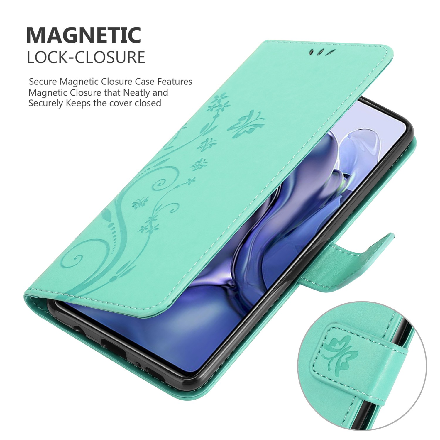 Una custodia verde per telefono con un design floreale è aperta. Il telefono all'interno è in mostra.