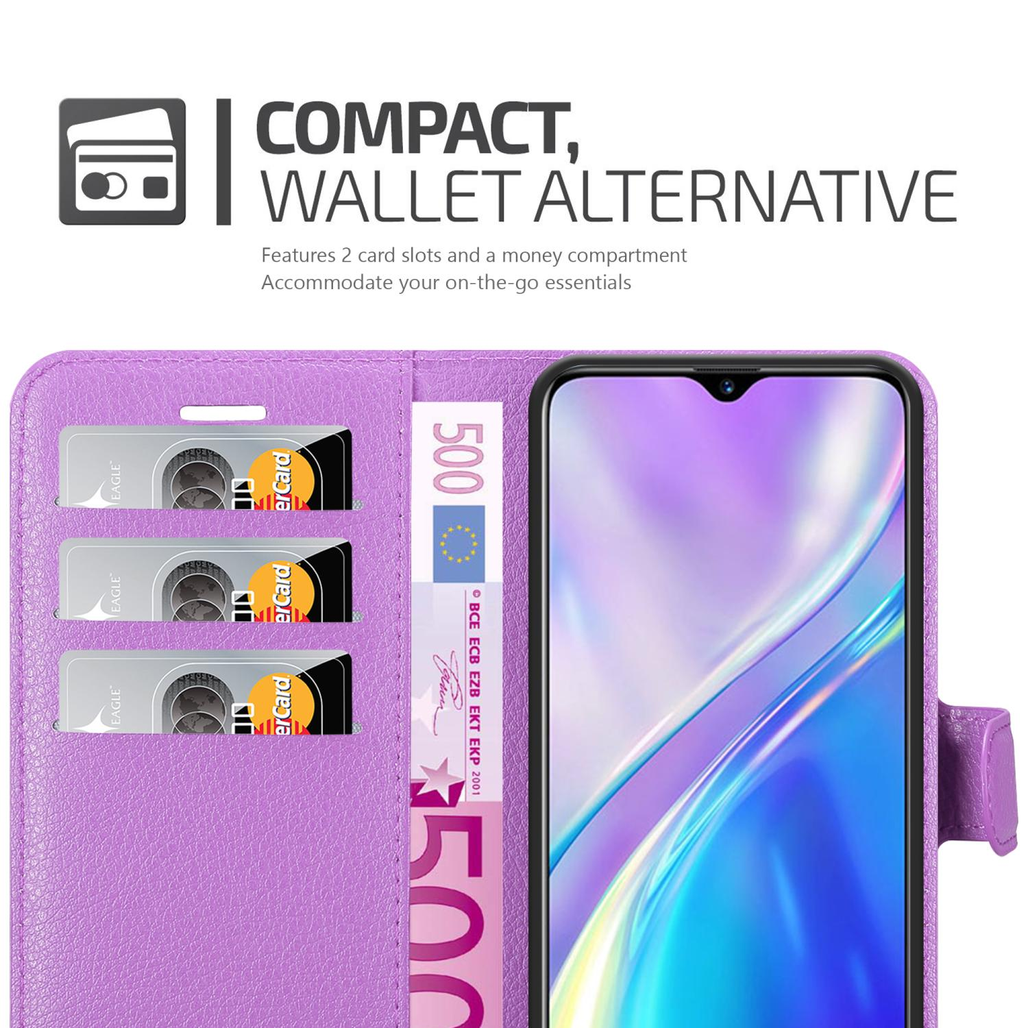 Custodia per telefono viola, aperta, con carte e denaro visibili. Lo schermo ha una sfumatura viola.