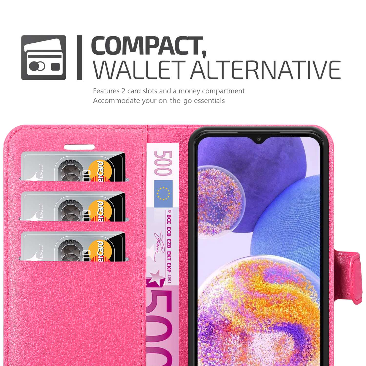 Custodia per telefono rosa con carte e denaro visibili. Un telefono con schermo colorato è all'interno.