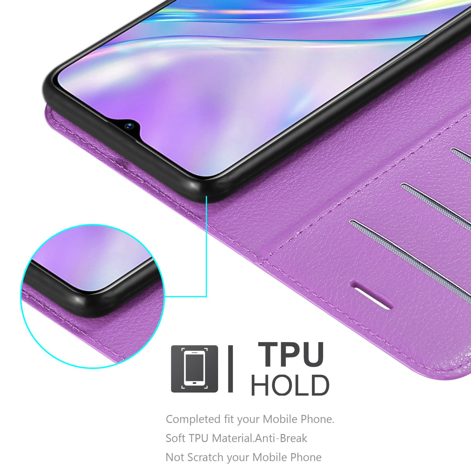 Custodia per telefono viola aperta, che mostra un telefono. Testo TPU HOLD presente.