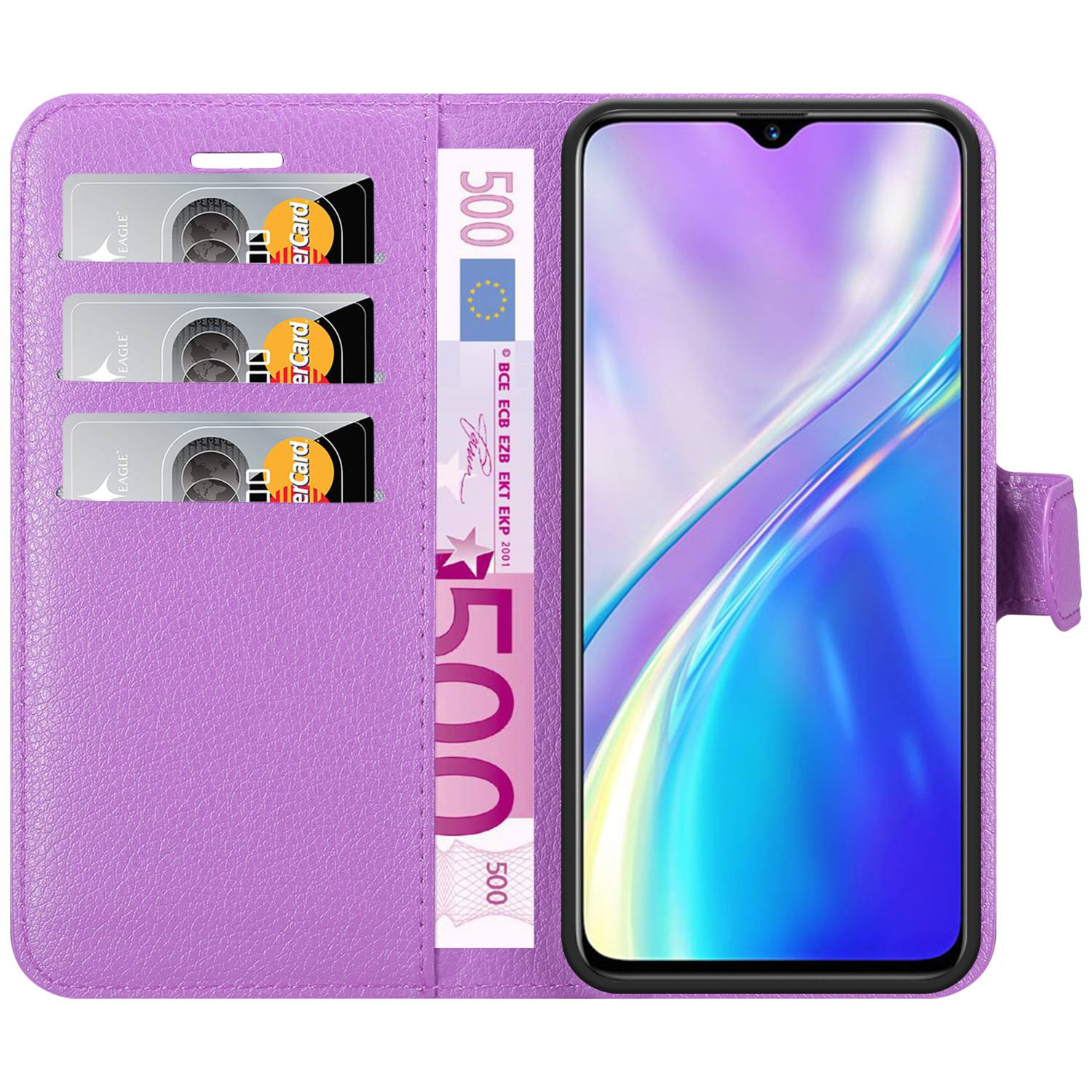 Custodia per telefono viola aperta, con telefono, carte di credito e denaro all'interno.
