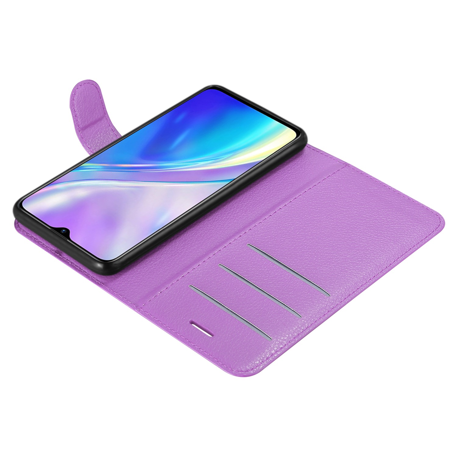 Una custodia viola per telefono è aperta, mostrando un telefono. La custodia ha fessure per carte.