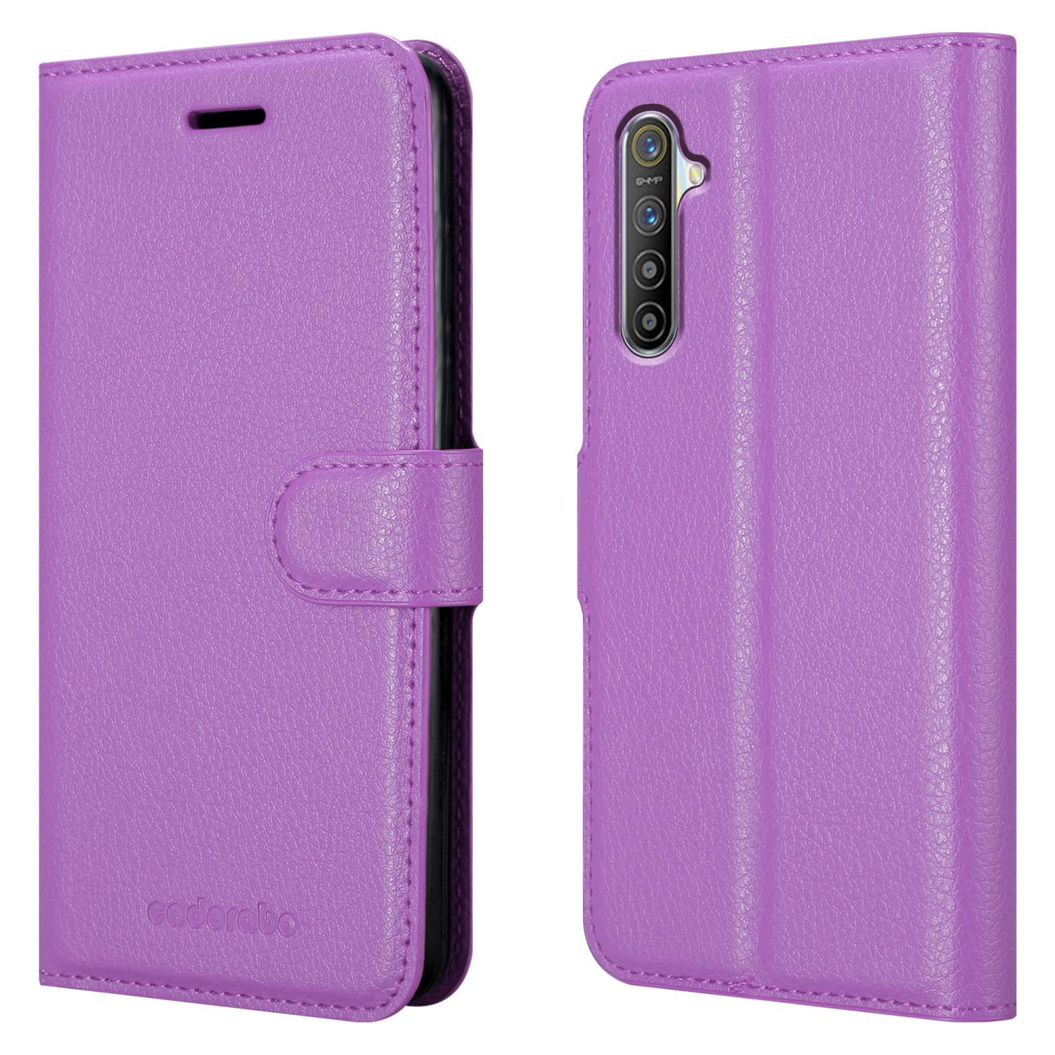 Una custodia per telefono viola, aperta per rivelare un telefono. La custodia è in stile a portafoglio con chiusura magnetica.