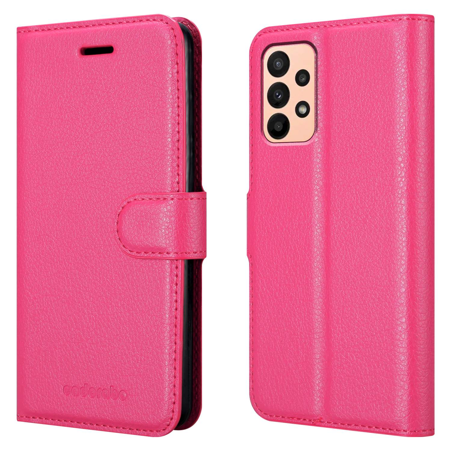 Una custodia per telefono rosa, aperta. È una custodia a portafoglio per un telefono.