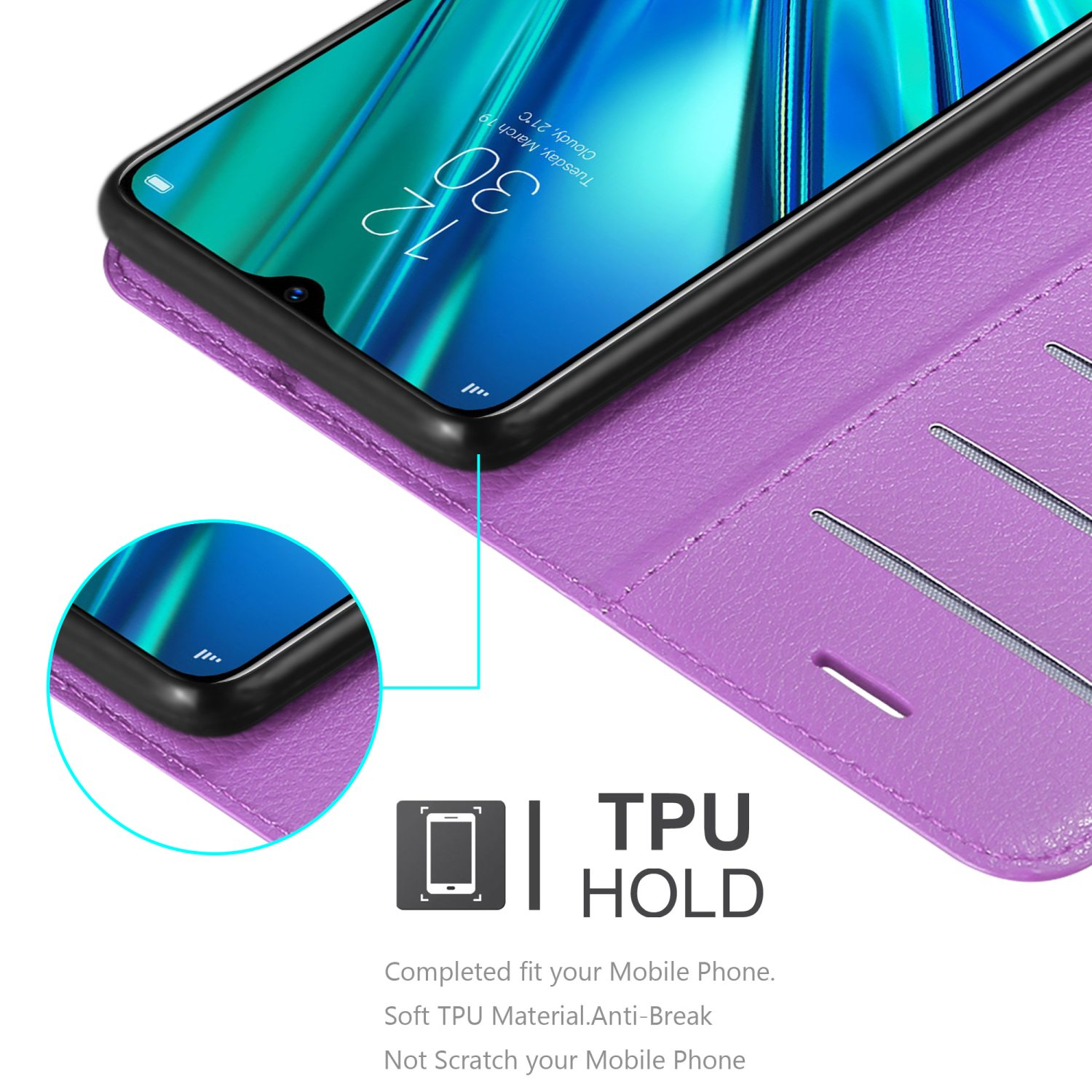 Custodia per telefono viola con un telefono all'interno. La custodia dice TPU Hold. Materiale TPU.