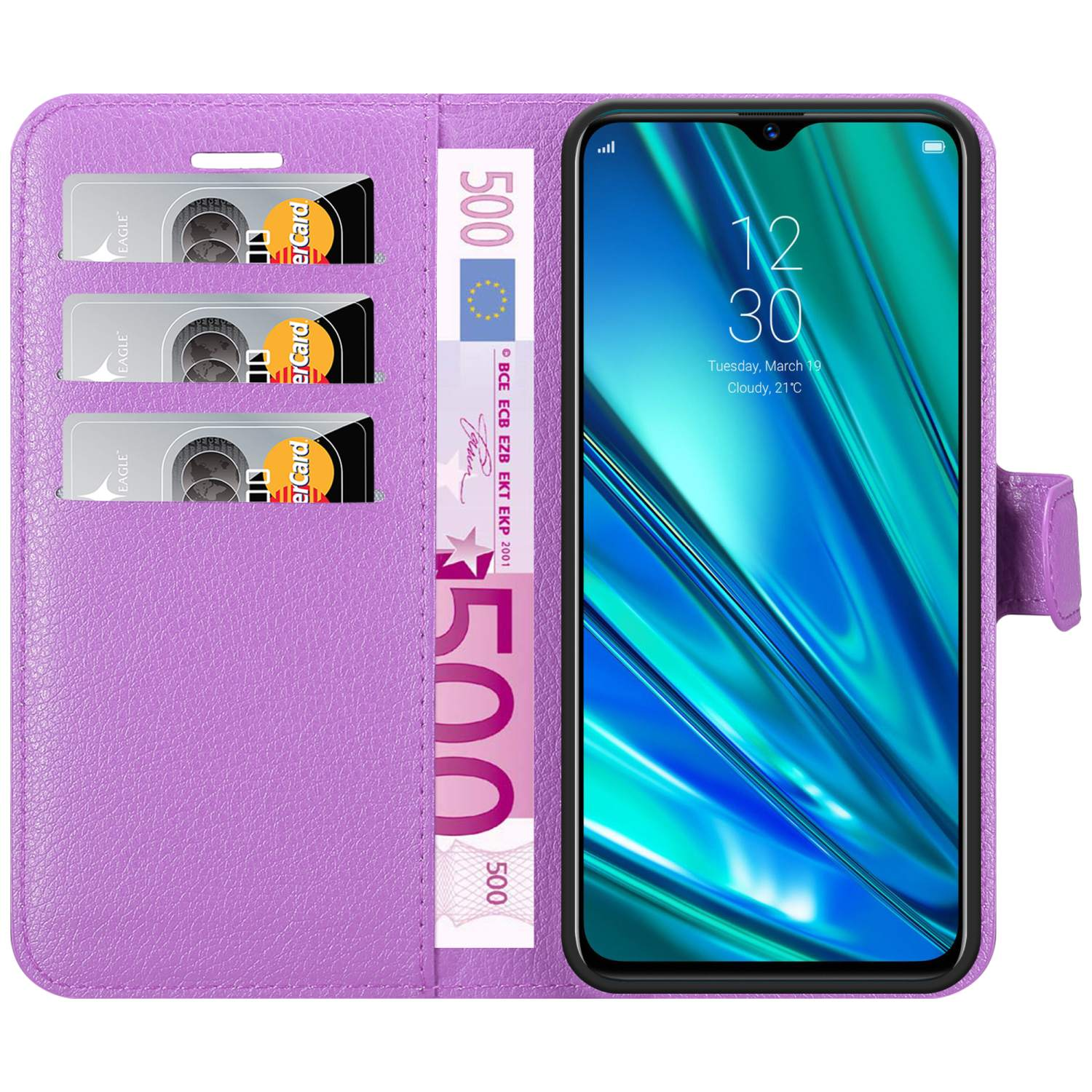 Un telefono all'interno di una custodia a portafoglio viola. La custodia ha fessure per carte e tiene una banconota da 500 euro.