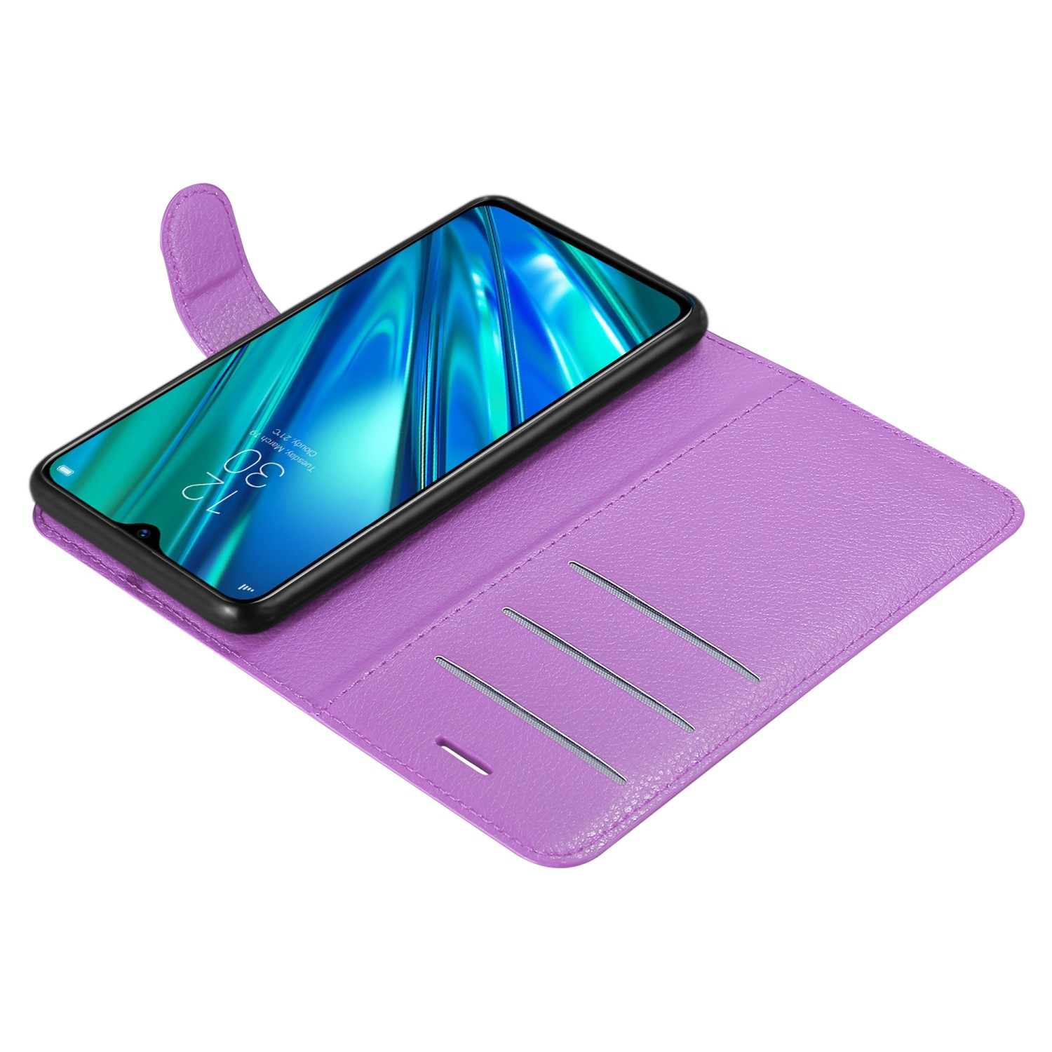 Custodia per telefono viola aperta con telefono all'interno. Lo schermo del telefono è visibile.