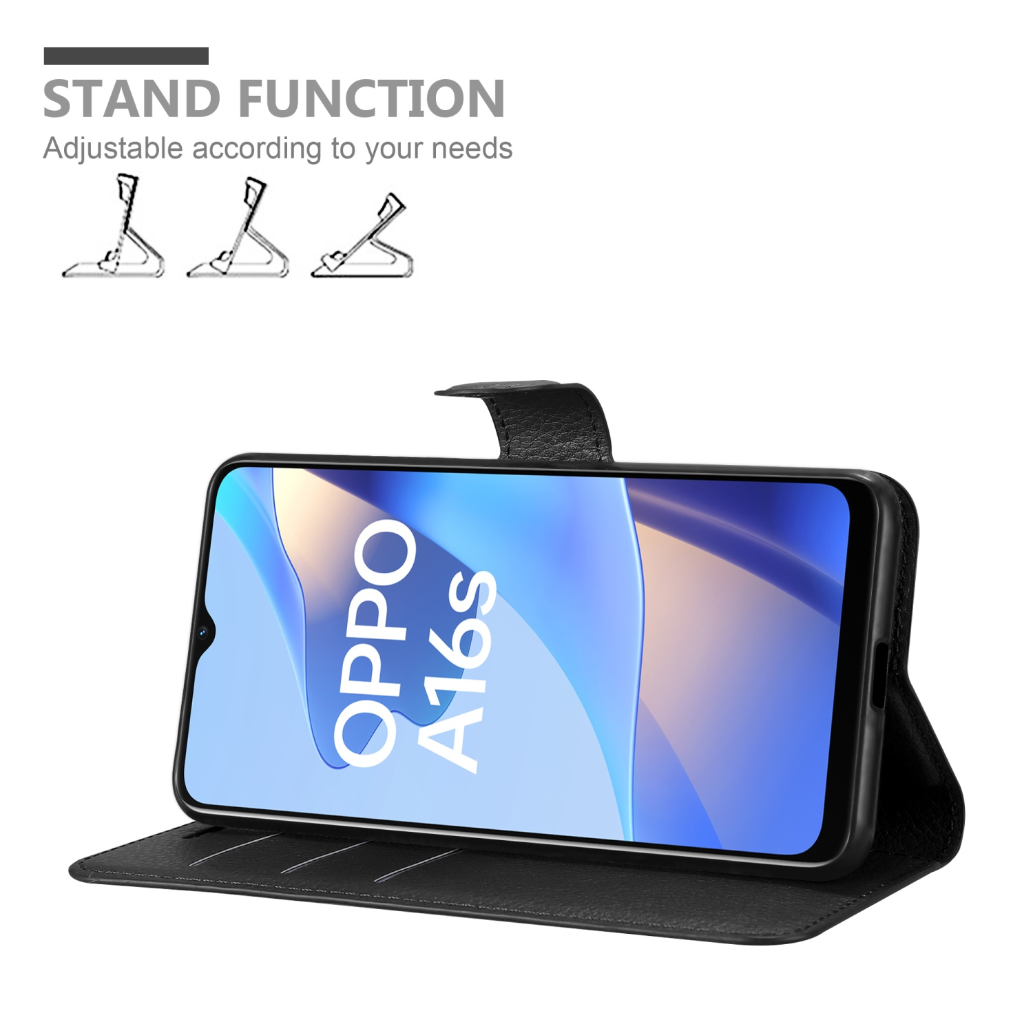 Custodia nera per telefono con funzione stand. Il telefono mostra 'OPPO A16s' e il supporto in più posizioni.