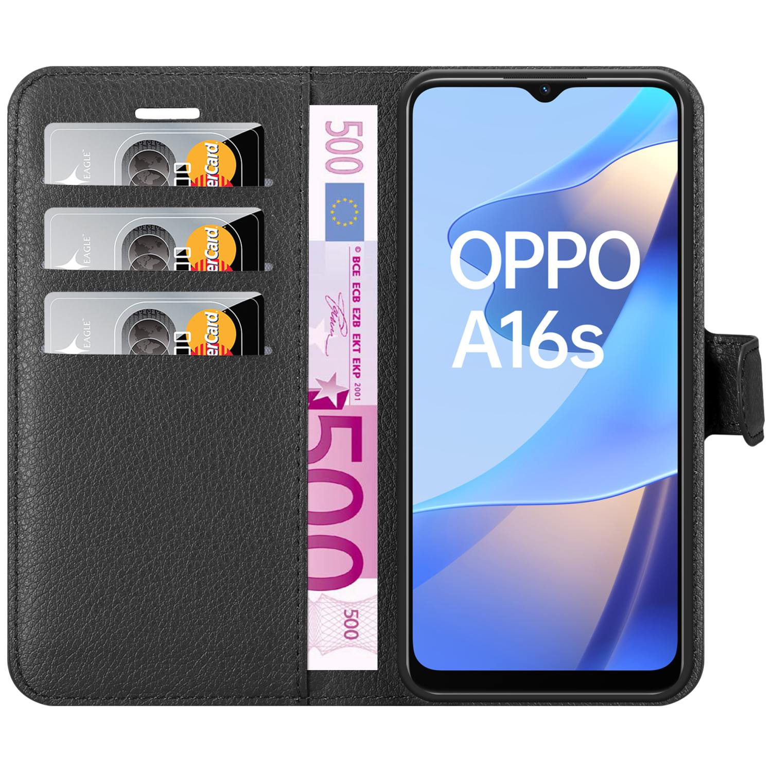 Custodia per telefono con carte e denaro all'interno. Il telefono mostra il logo OPPO A16s. La custodia è nera.