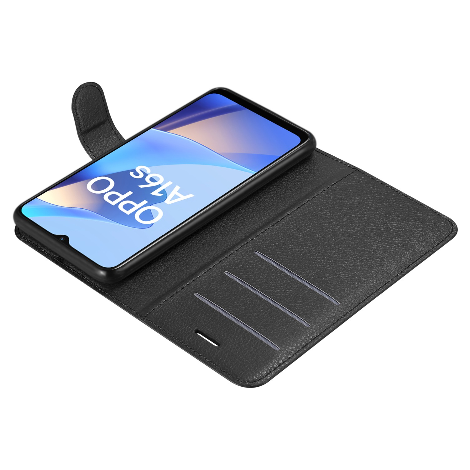 Custodia nera per telefono con telefono all'interno. Il telefono mostra OPPO A16S. Custodia aperta con fessure per carte.
