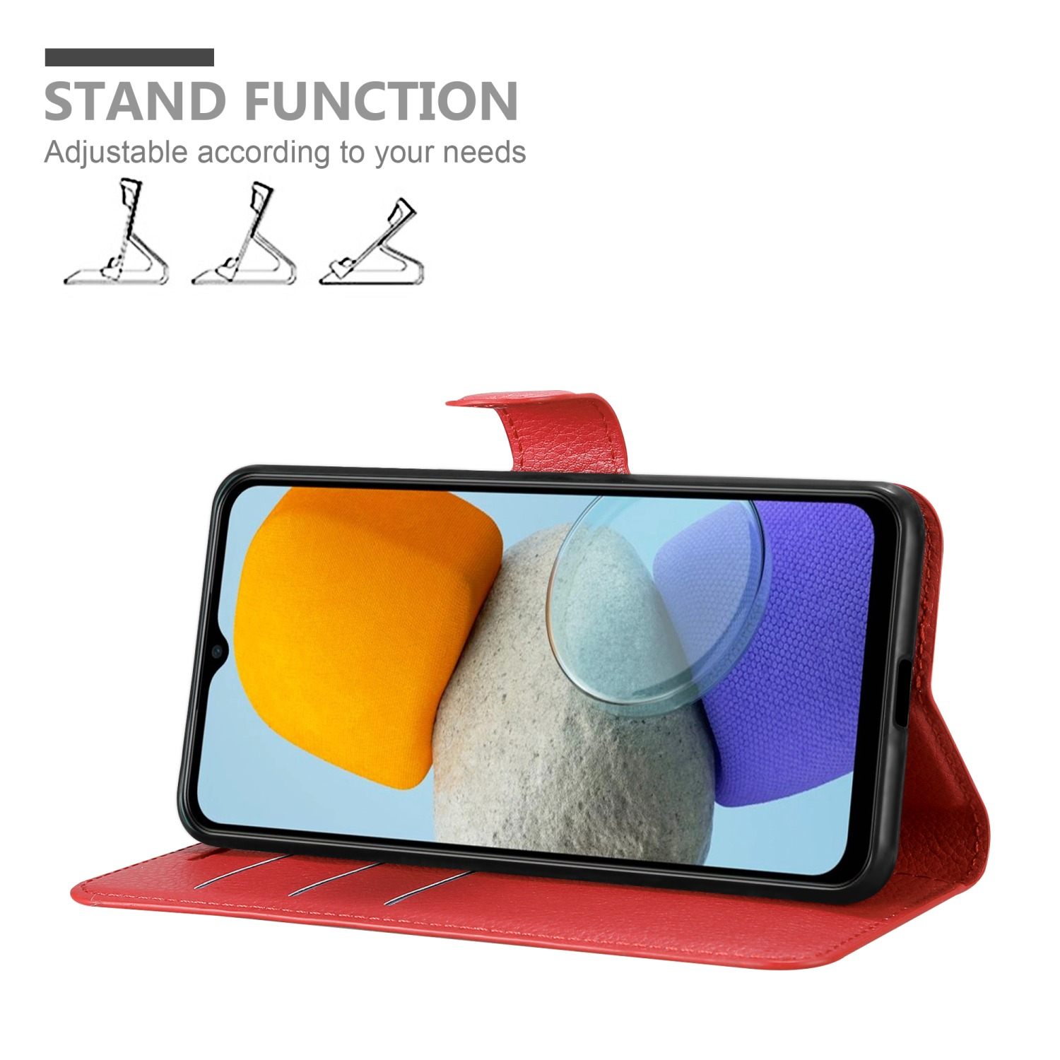 Custodia per telefono rossa con un telefono all'interno che mostra forme astratte. Il testo dice 'STAND FUNCTION'.