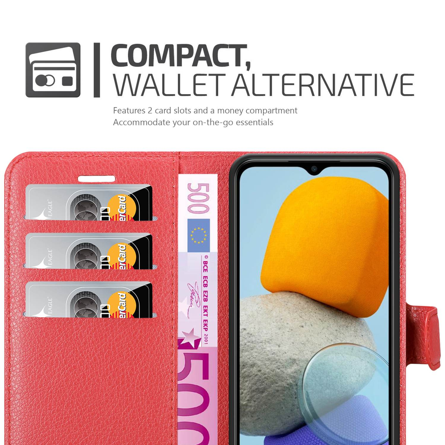 Custodia per telefono rossa aperta, presenta 2 slot per carte e uno scomparto per soldi. Telefono con design arancione all'interno.