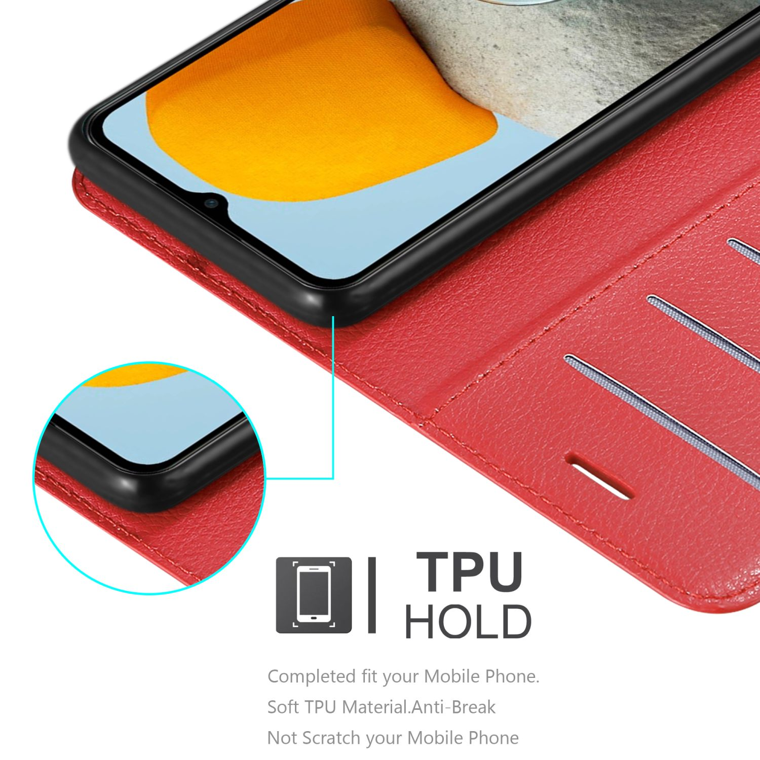 Custodia rossa per telefono con telefono all'interno, su sfondo rosso, con etichetta TPU HOLD.