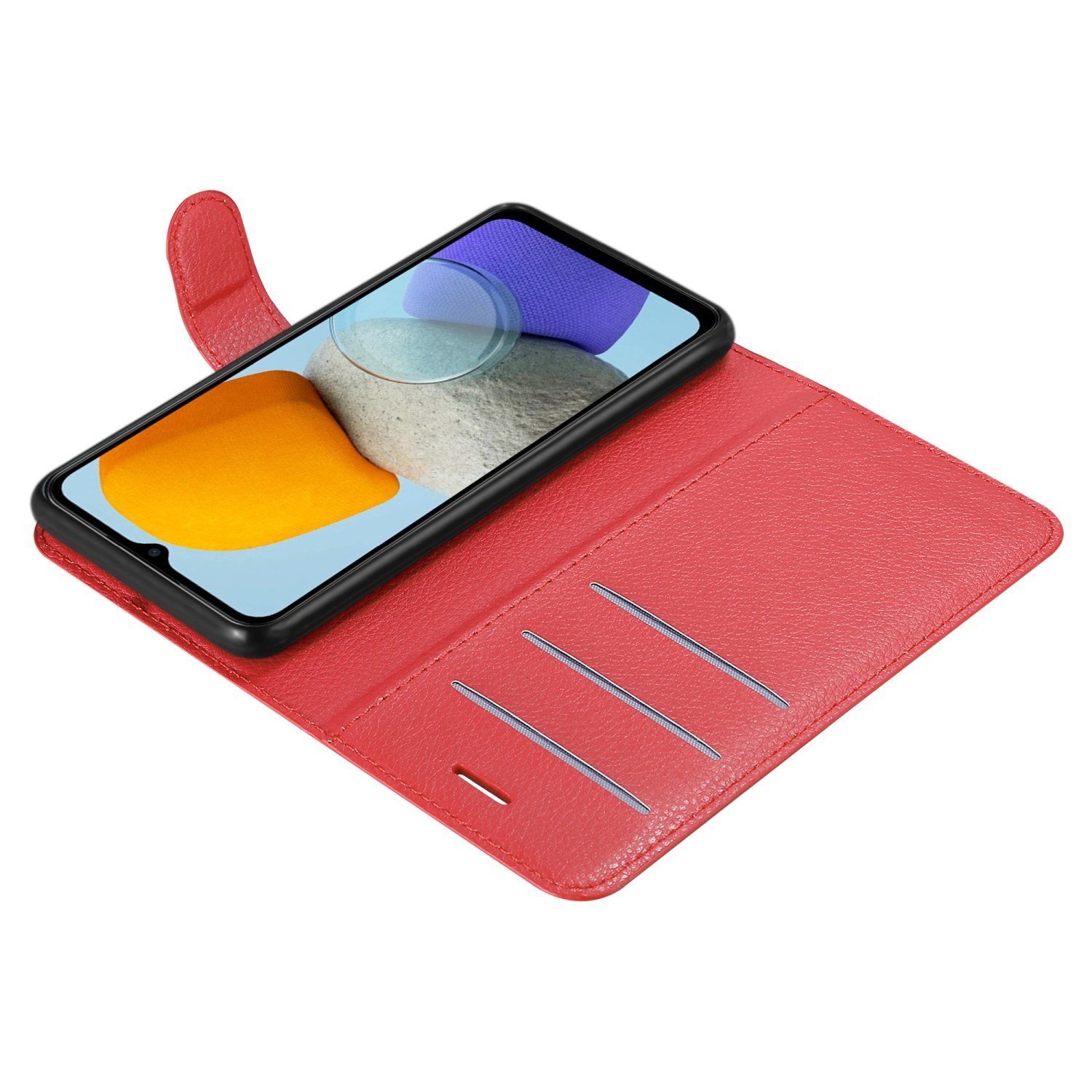 Custodia rossa per telefono aperta. Telefono all'interno. Ci sono fessure per carte.
