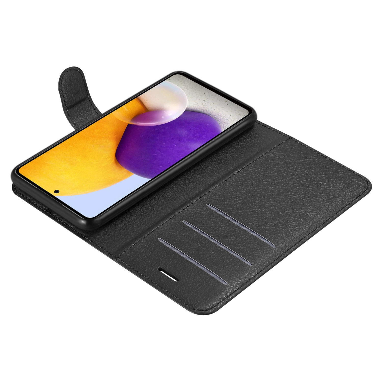 Schwarzes Telefon in einer schwarzen Leder-Brieftasche. Sichtbar sind Kartenfächer und ein Telefonbildschirm.