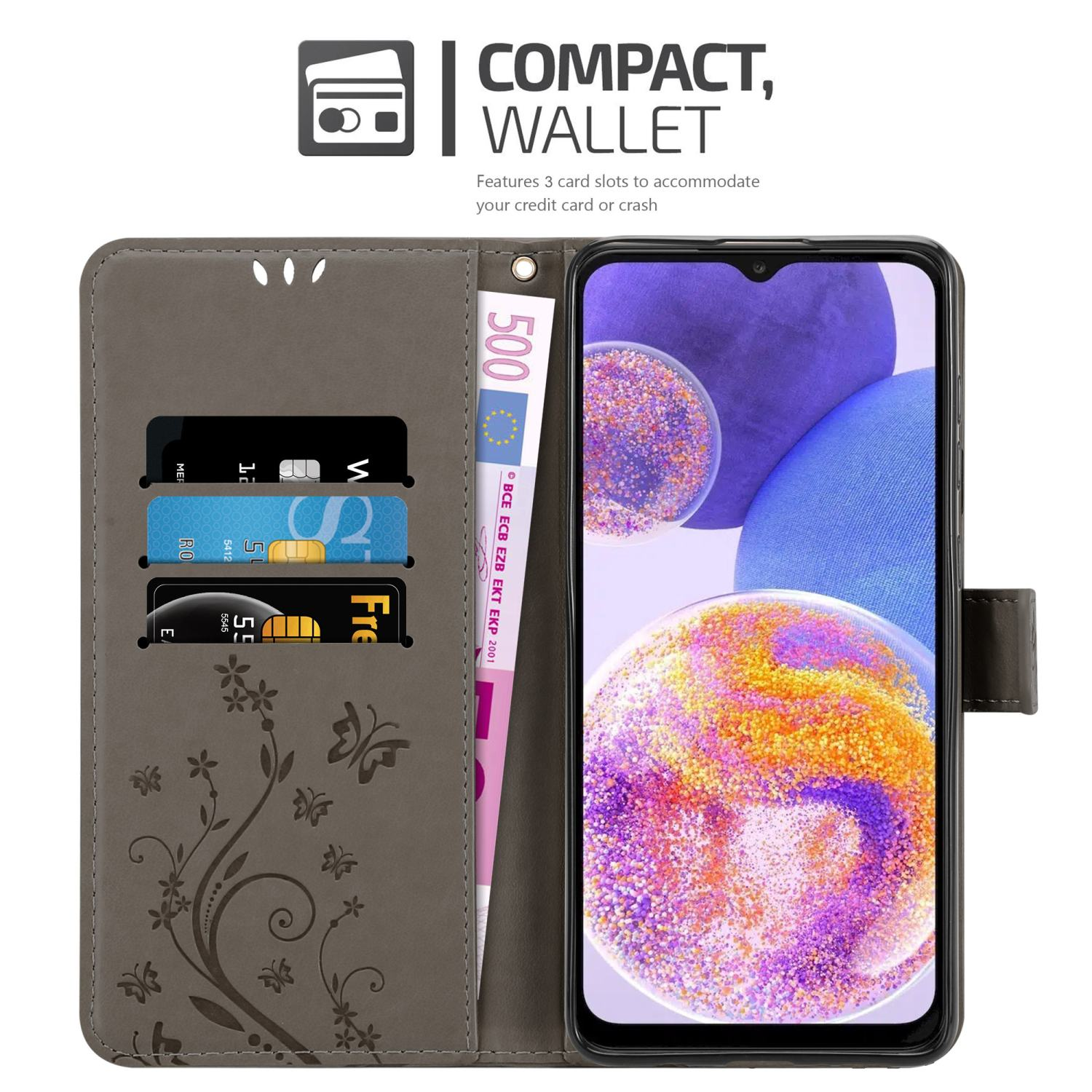 Custodia a portafoglio grigia aperta, con telefono, carte e denaro. Presenta un design floreale e compatto.