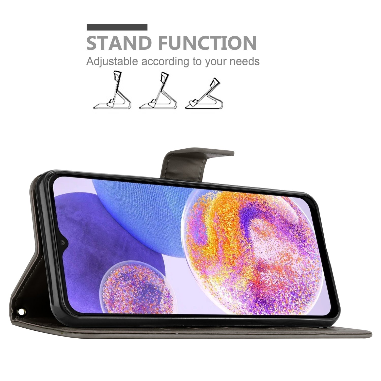 Un telefono in una custodia aperta, che mostra lo schermo. Il testo indica la funzione stand con immagini.