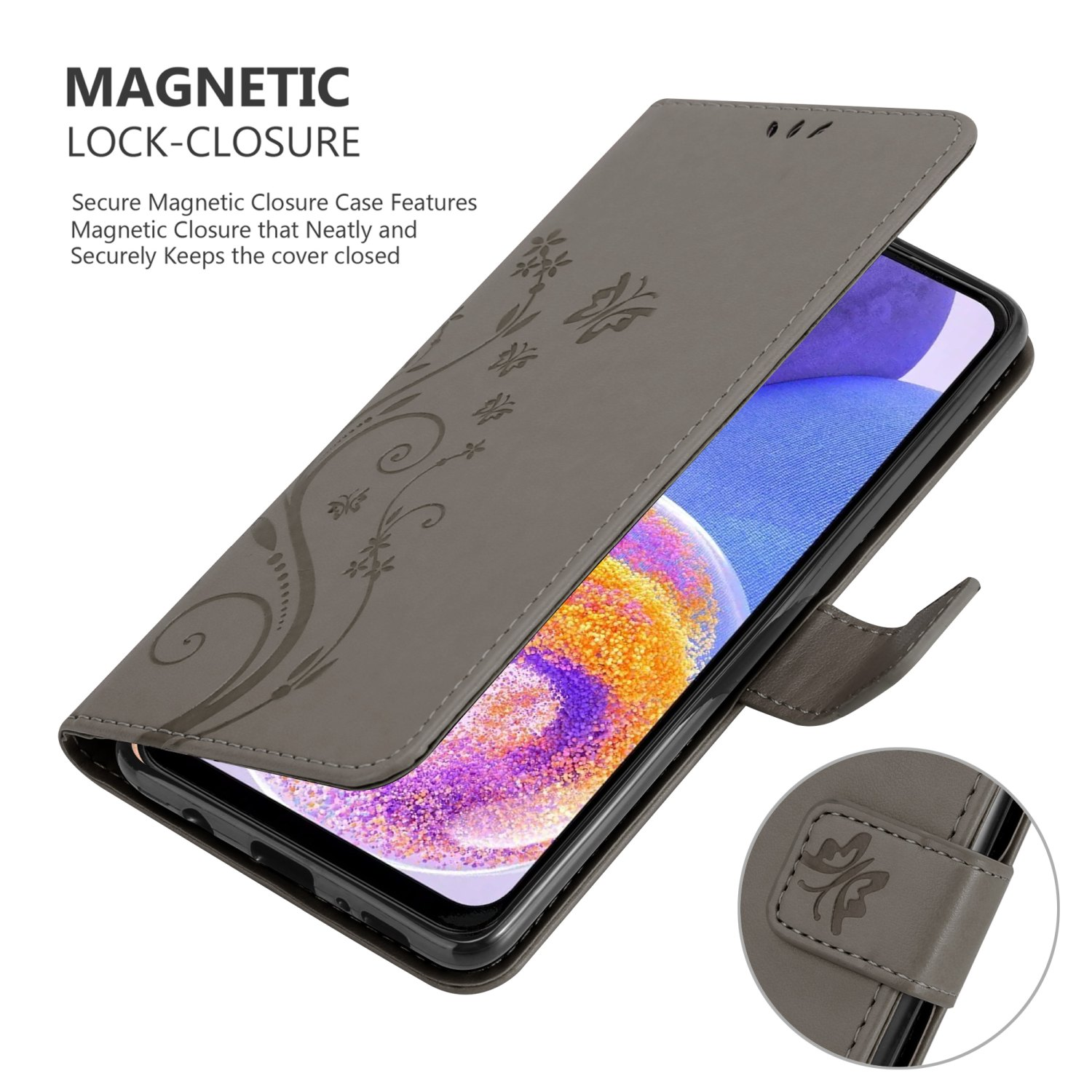 Custodia grigia con telefono, chiusura magnetica. Sfondo bianco.