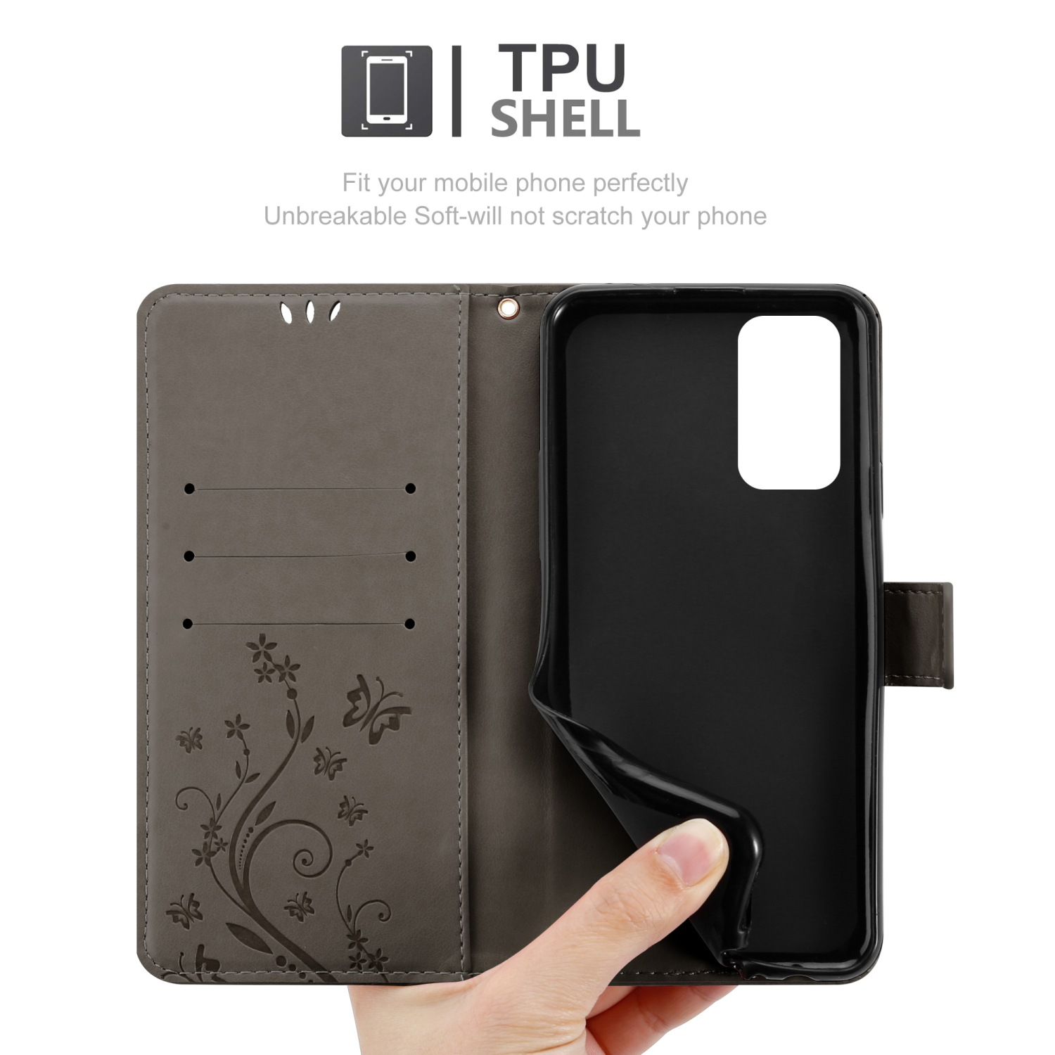 Una custodia per telefono aperta, che rivela un telefono con un design floreale e slot per schede, su uno sfondo bianco.
