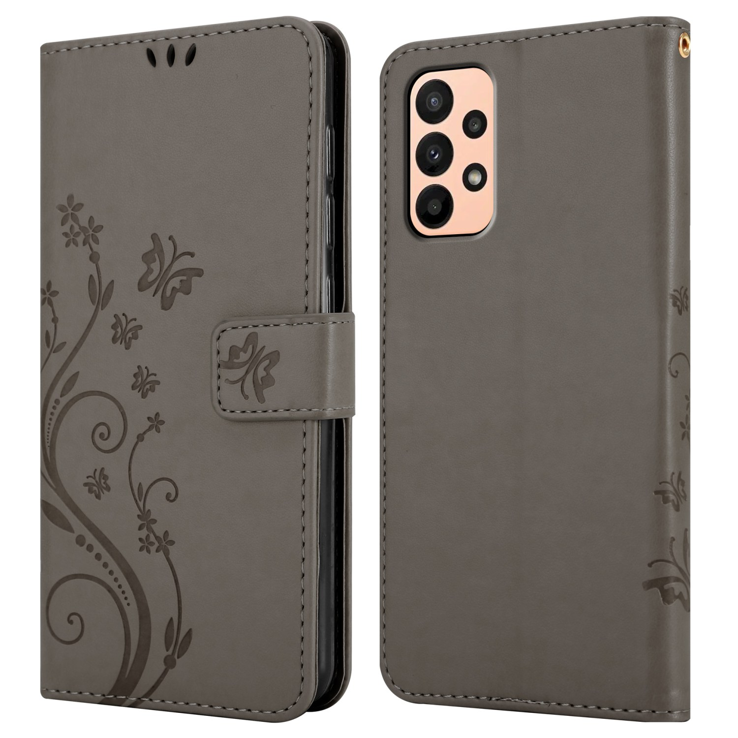 Custodia per telefono grigia, aperta con un telefono, design floreale.