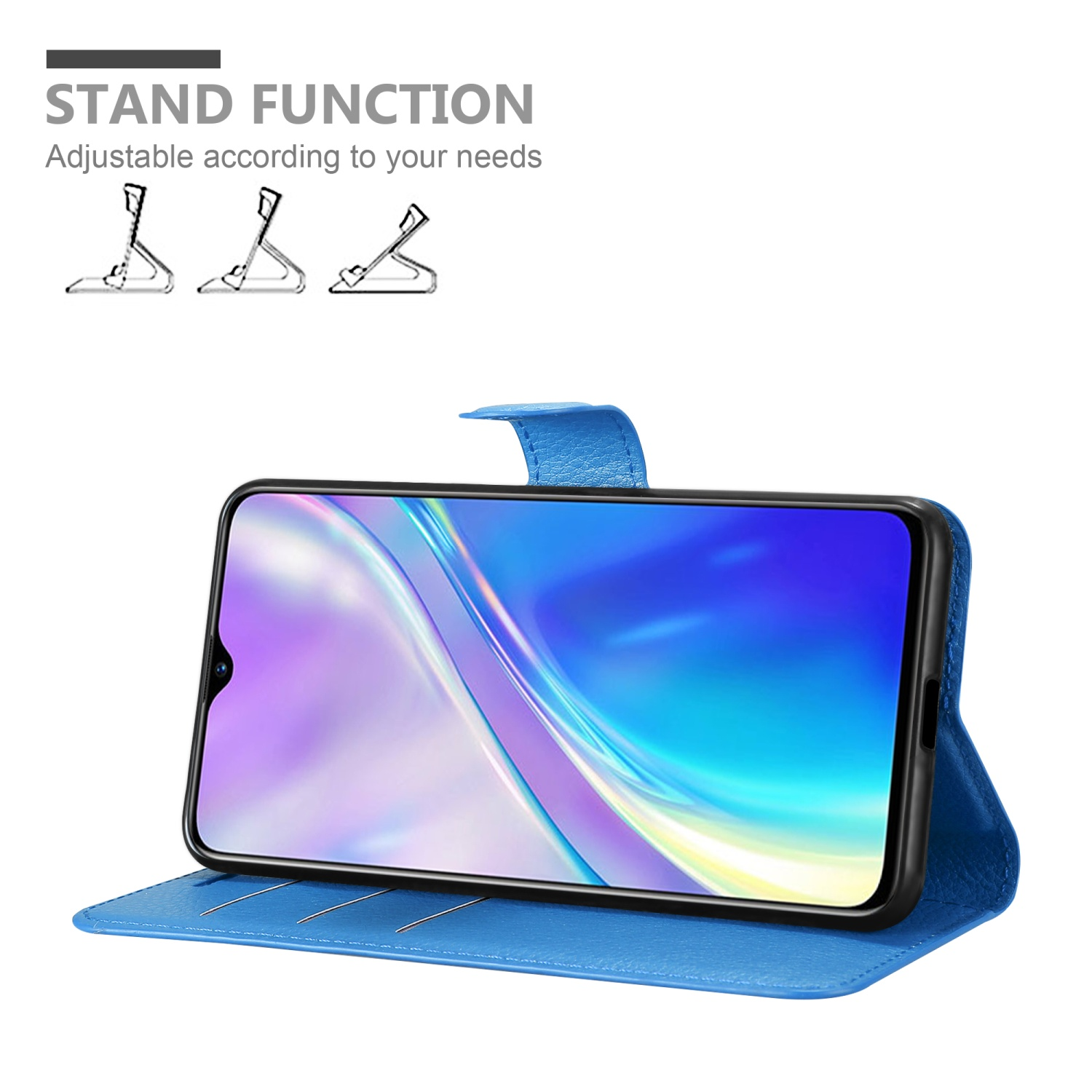 Una custodia per telefono blu aperta con un telefono all'interno, con le parole 'STAND FUNCTION' e illustrazioni.