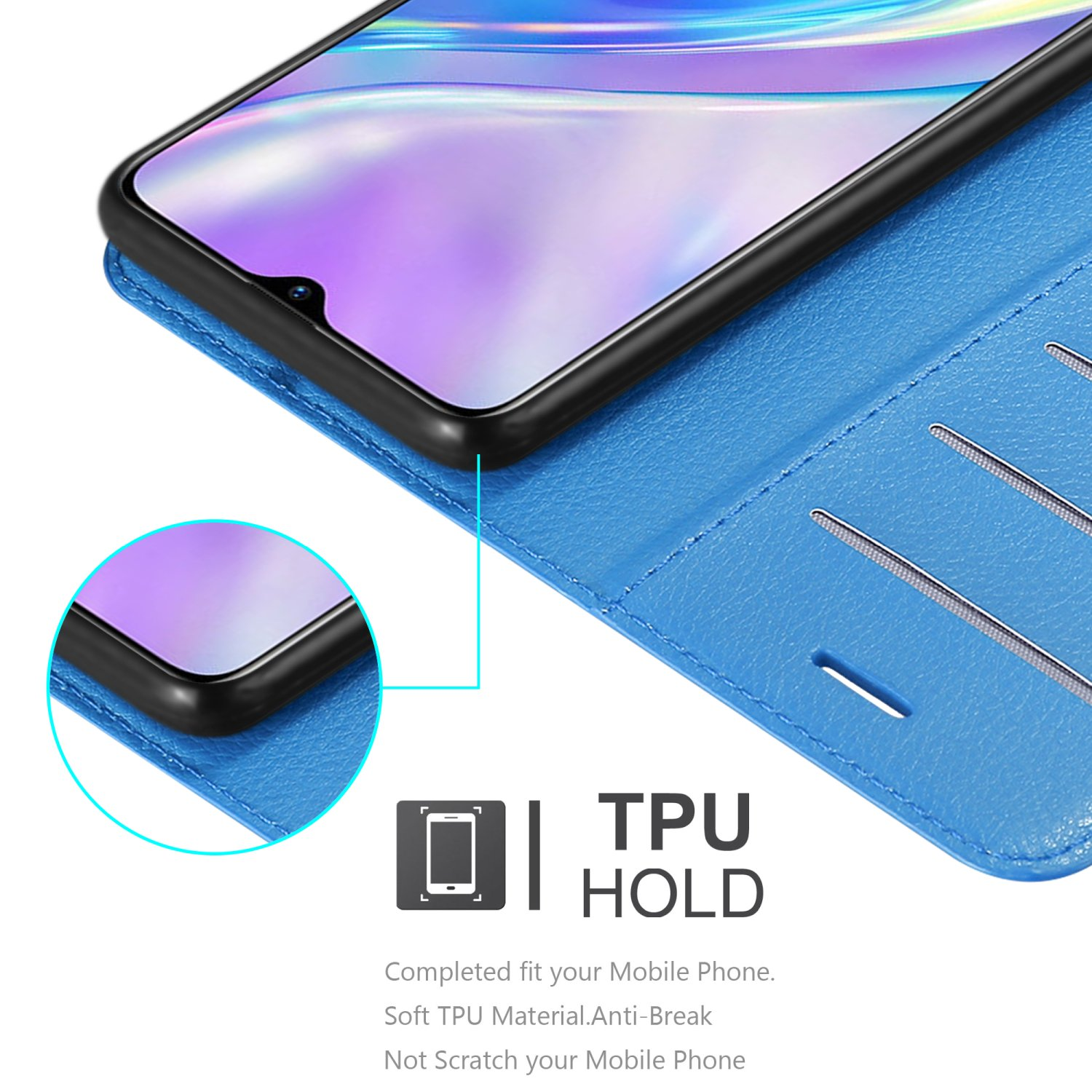 Custodia per telefono blu con telefono all'interno, primo piano. Testo: TPU HOLD, Materiale TPU morbido, Anti-rottura, Non graffia.