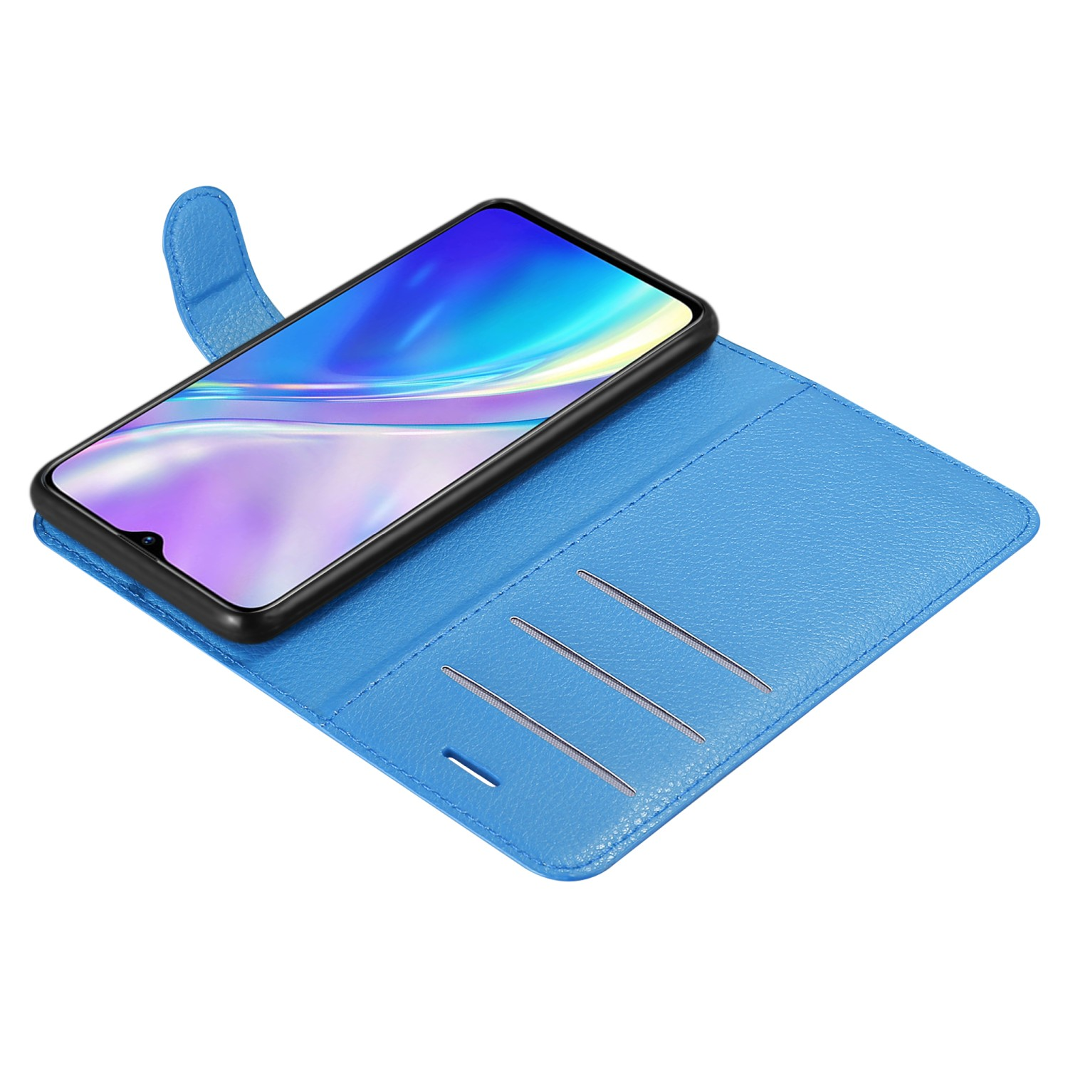 Una custodia per telefono blu, aperta, con un telefono all'interno. La custodia ha fessure per carte.