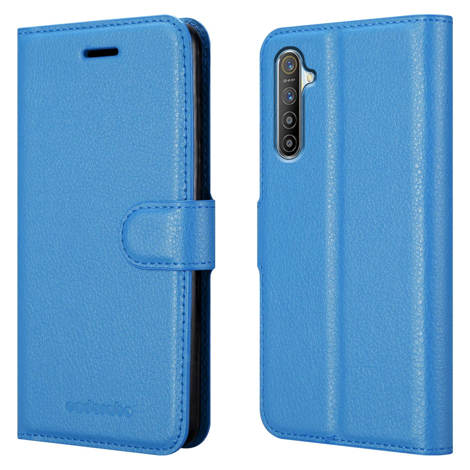 Una custodia blu per telefono, chiusa e aperta, su sfondo bianco. Ha un logo e una chiusura magnetica.