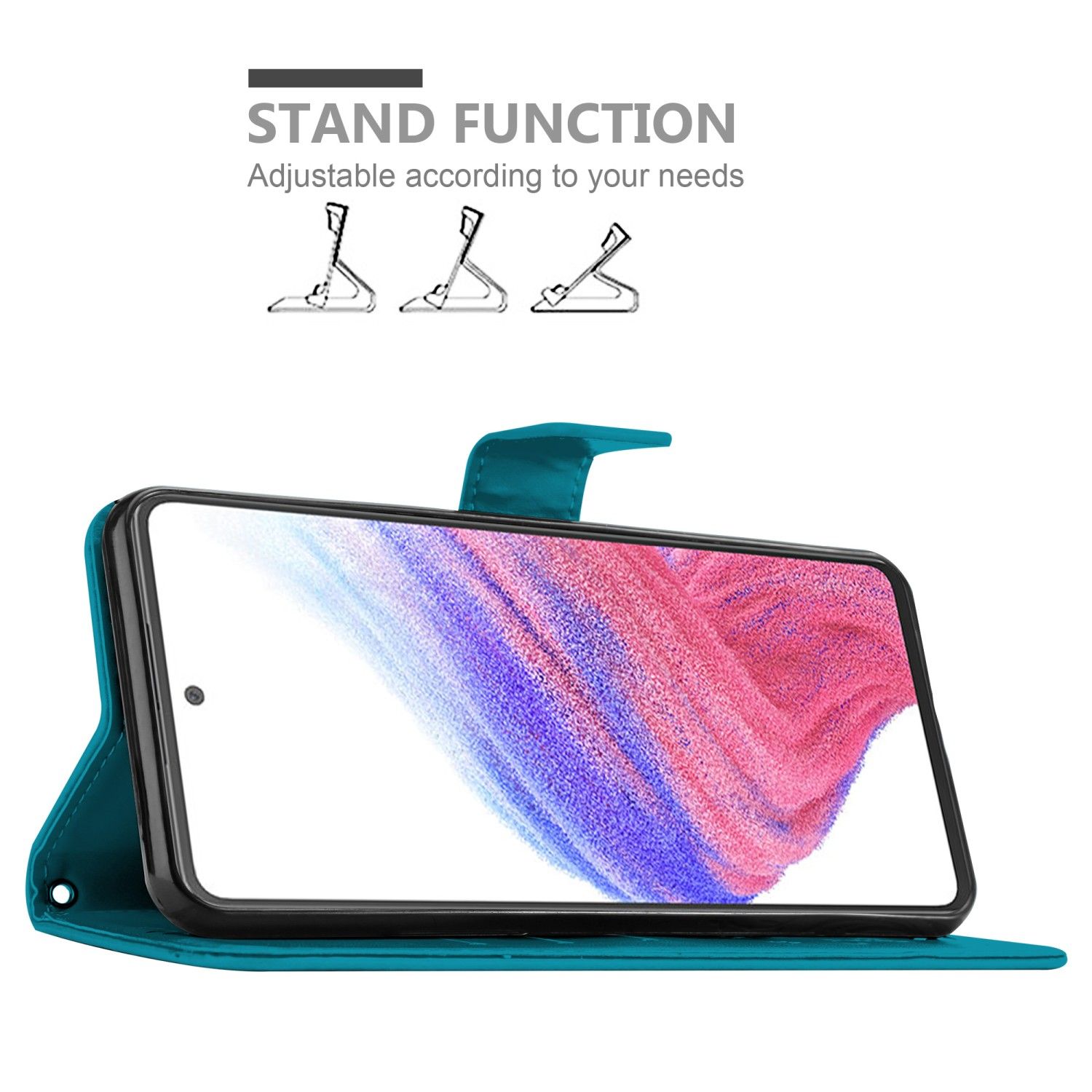 Custodia per telefono verde acqua, aperta, con telefono all'interno e illustrazioni per la funzione stand.