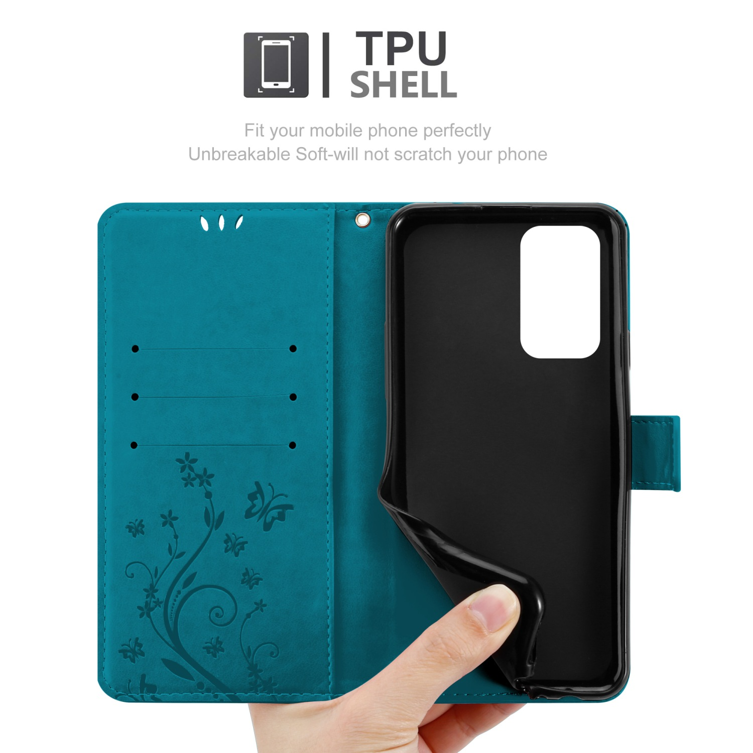 Custodia per telefono verde acqua aperta, che rivela un telefono nero. La mano tira indietro la custodia.