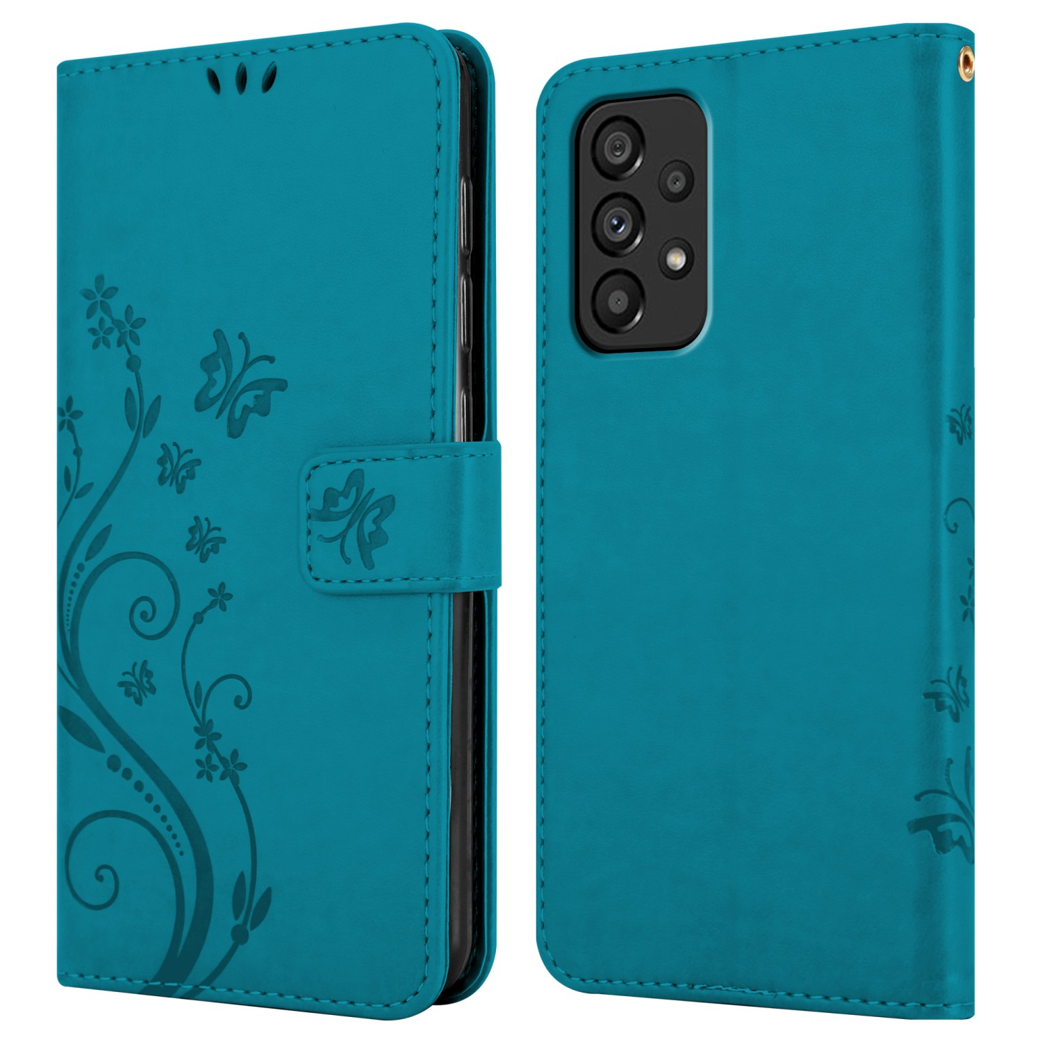 Una custodia per telefono verde acqua, aperta, con un design floreale sulla copertina. Il telefono è visibile all'interno.