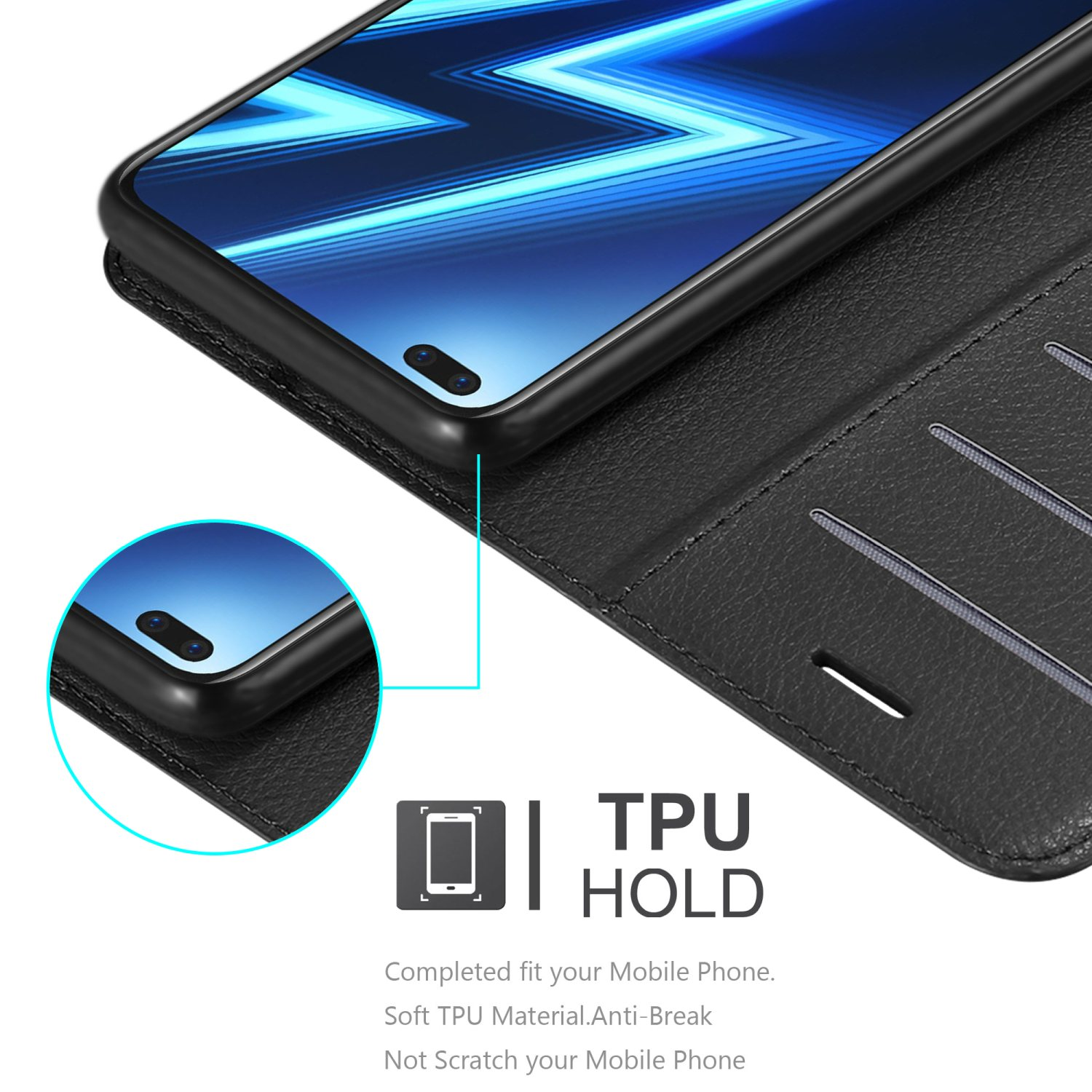 Custodia per telefono nera con un telefono all'interno. Mostra un logo TPU HOLD.