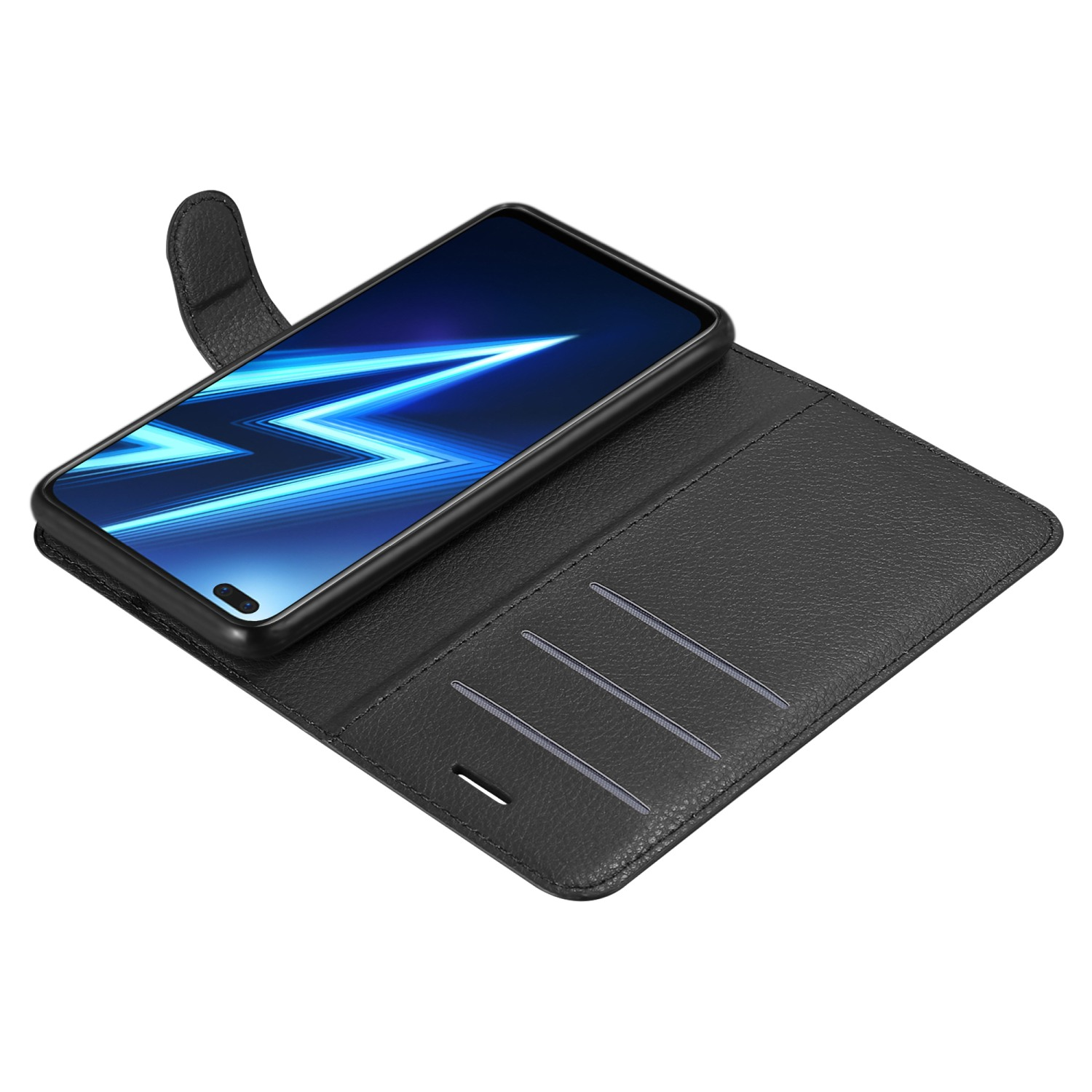 Custodia per telefono nera, aperta, che mostra un telefono con un design blu. La custodia ha fessure per carte.