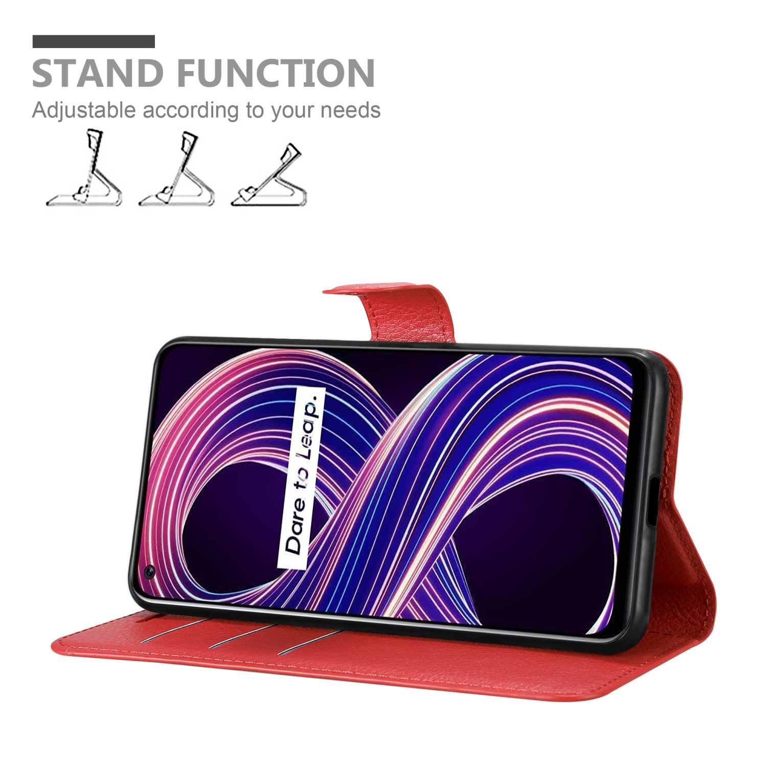 Custodia rossa con telefono che mostra testo. Icone funzione stand in alto.