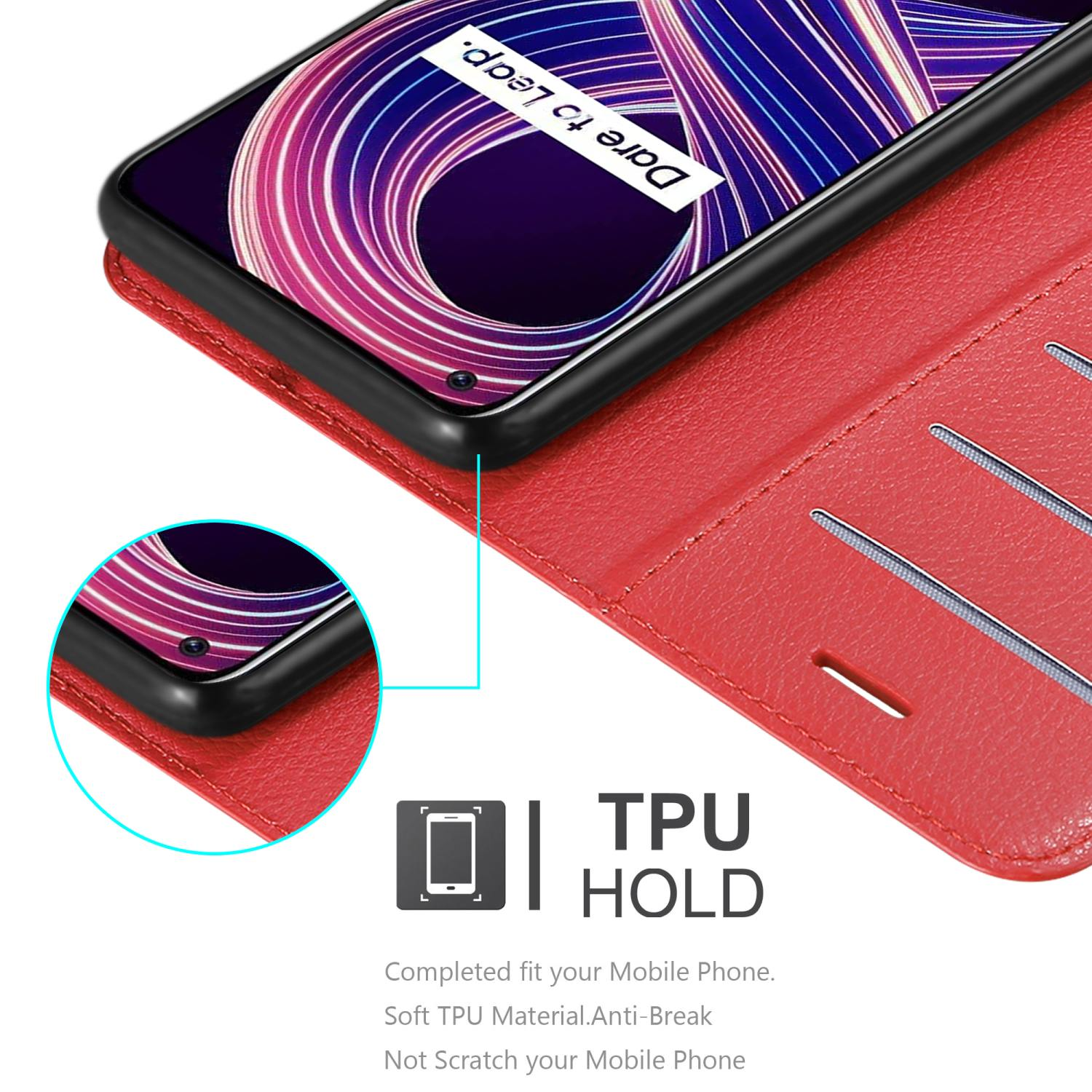 Custodia rossa per telefono, con telefono all'interno. Il testo indica la presa TPU. Adattamento completo per il tuo cellulare.