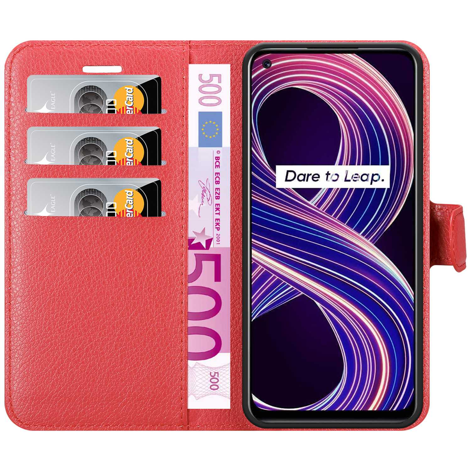 Portafoglio custodia rosso con telefono, carte di credito e banconota da 500 euro.