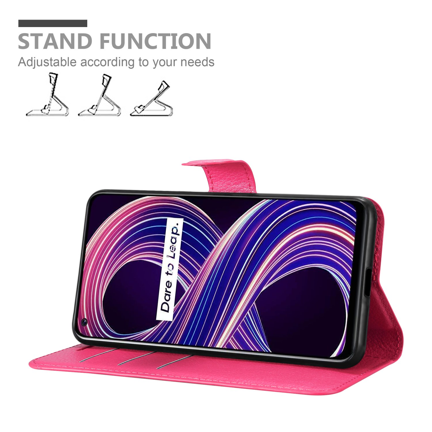 Una custodia per telefono rosa, aperta, in piedi. Lo schermo del telefono mostra un logo Dare to Leap, su sfondo bianco.