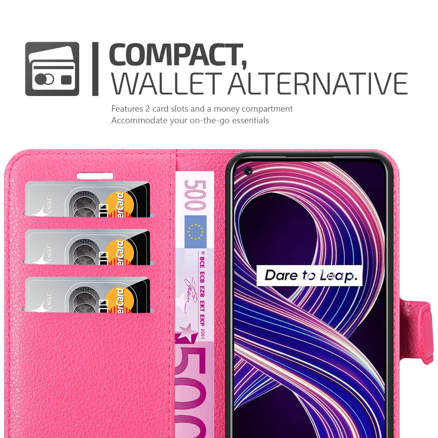 Custodia per telefono rosa con carte di credito e denaro, telefono mostrato a destra.
