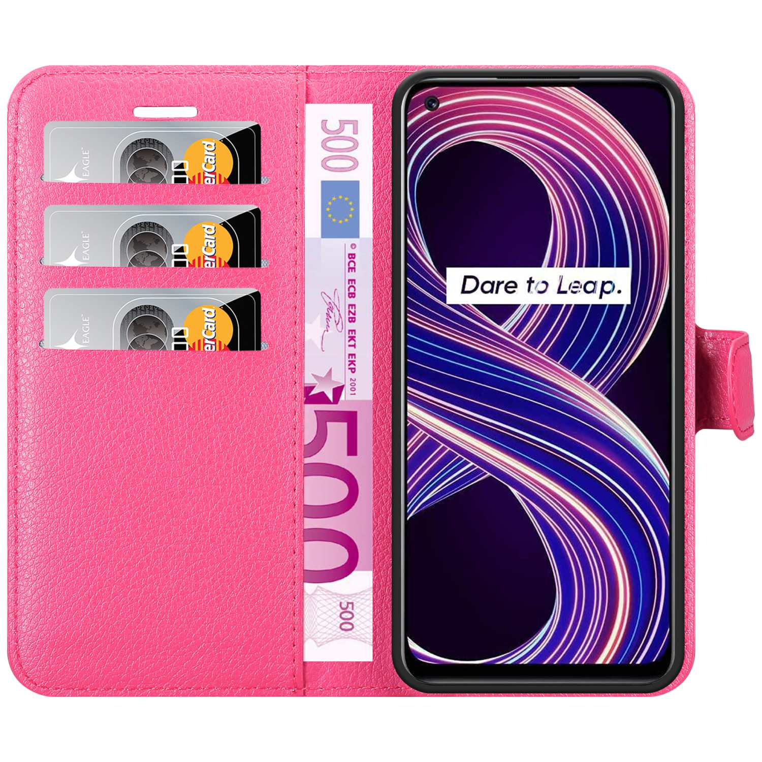 Una custodia rosa con fessure per carte e una banconota da 500 euro. Un telefono mostra "Dare to Leap".