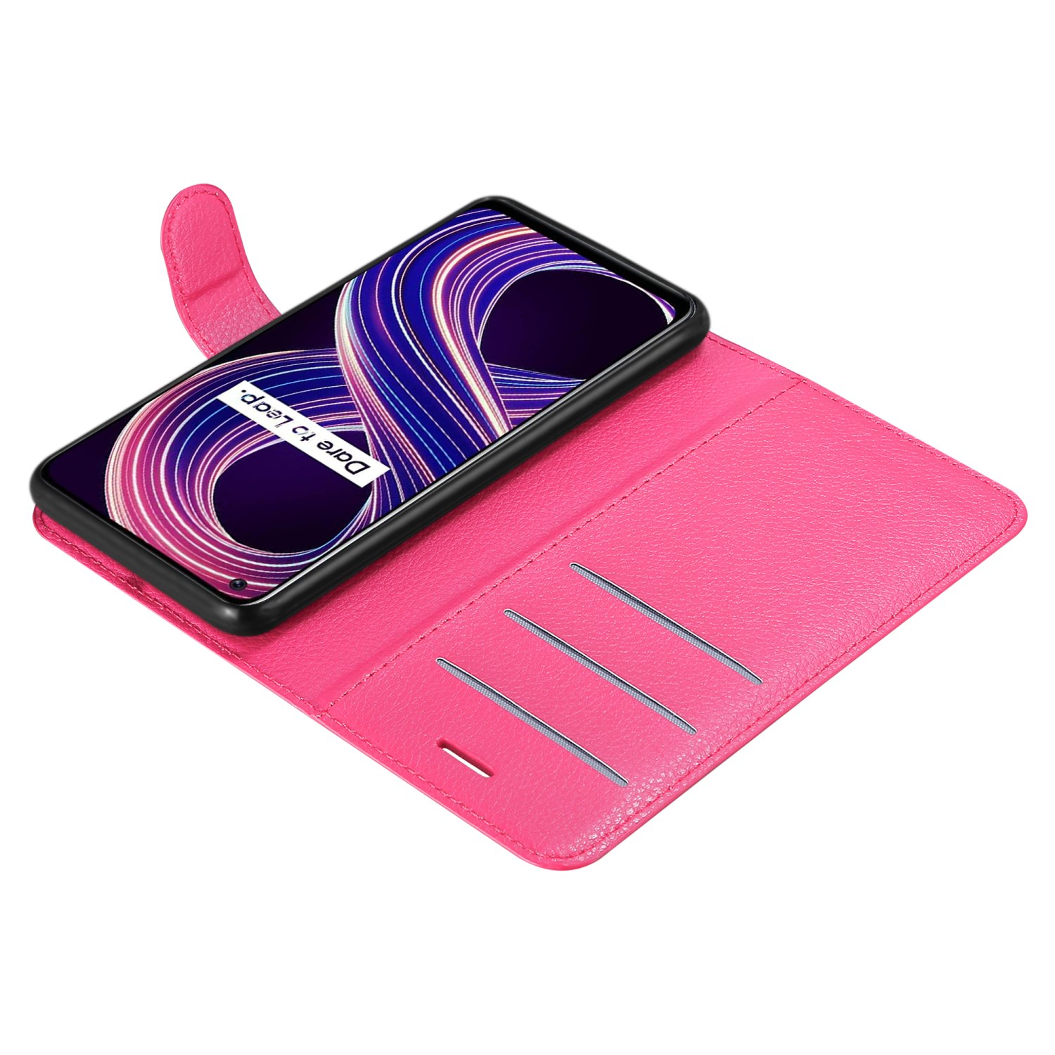 Un telefono rosa all'interno di una custodia rosa per telefono. Il telefono è aperto e ha lo schermo del telefono.