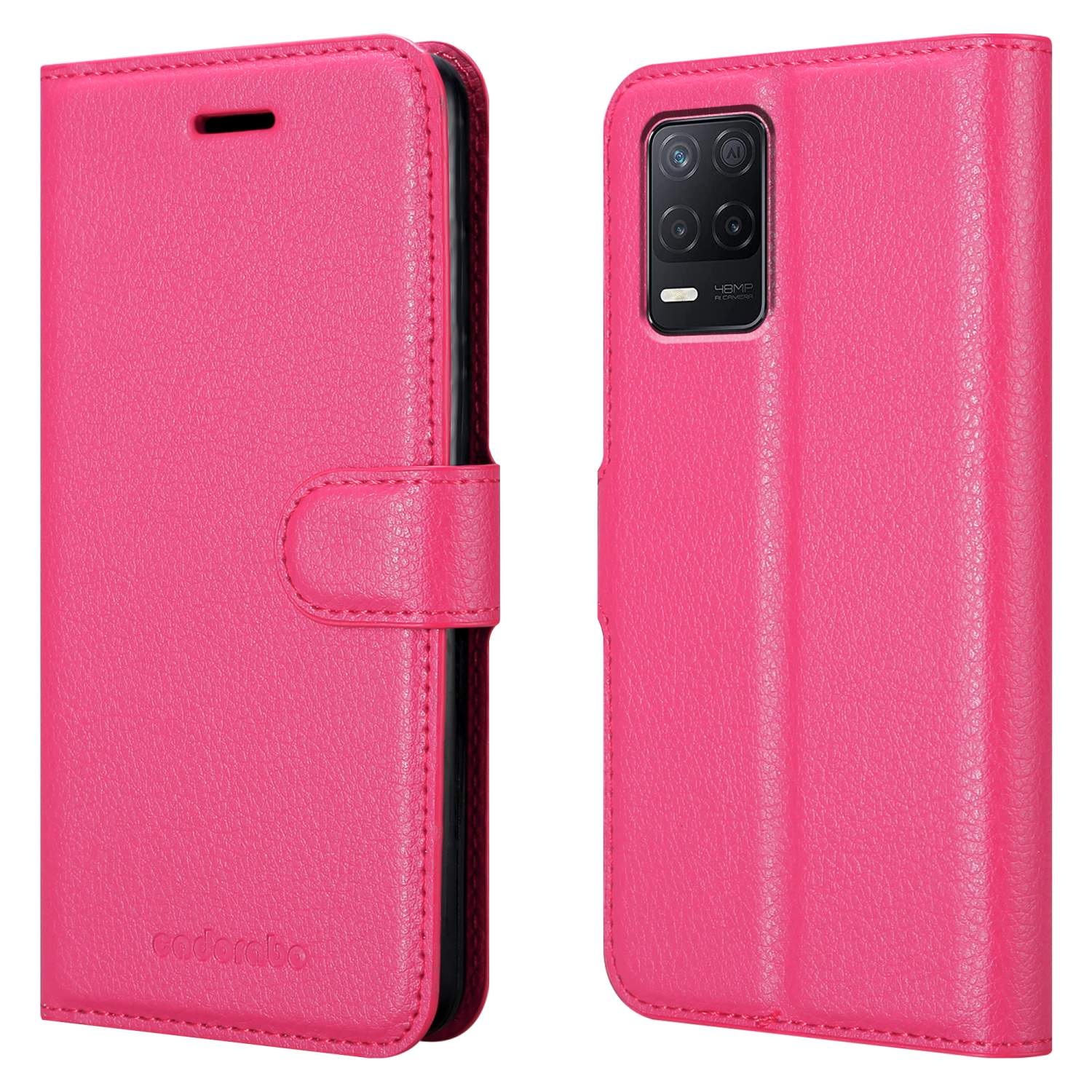 Portafoglio rosa per telefono aperto. Il telefono è visibile. Testo: COMPACT WALLET. Fessure per carte visibili.