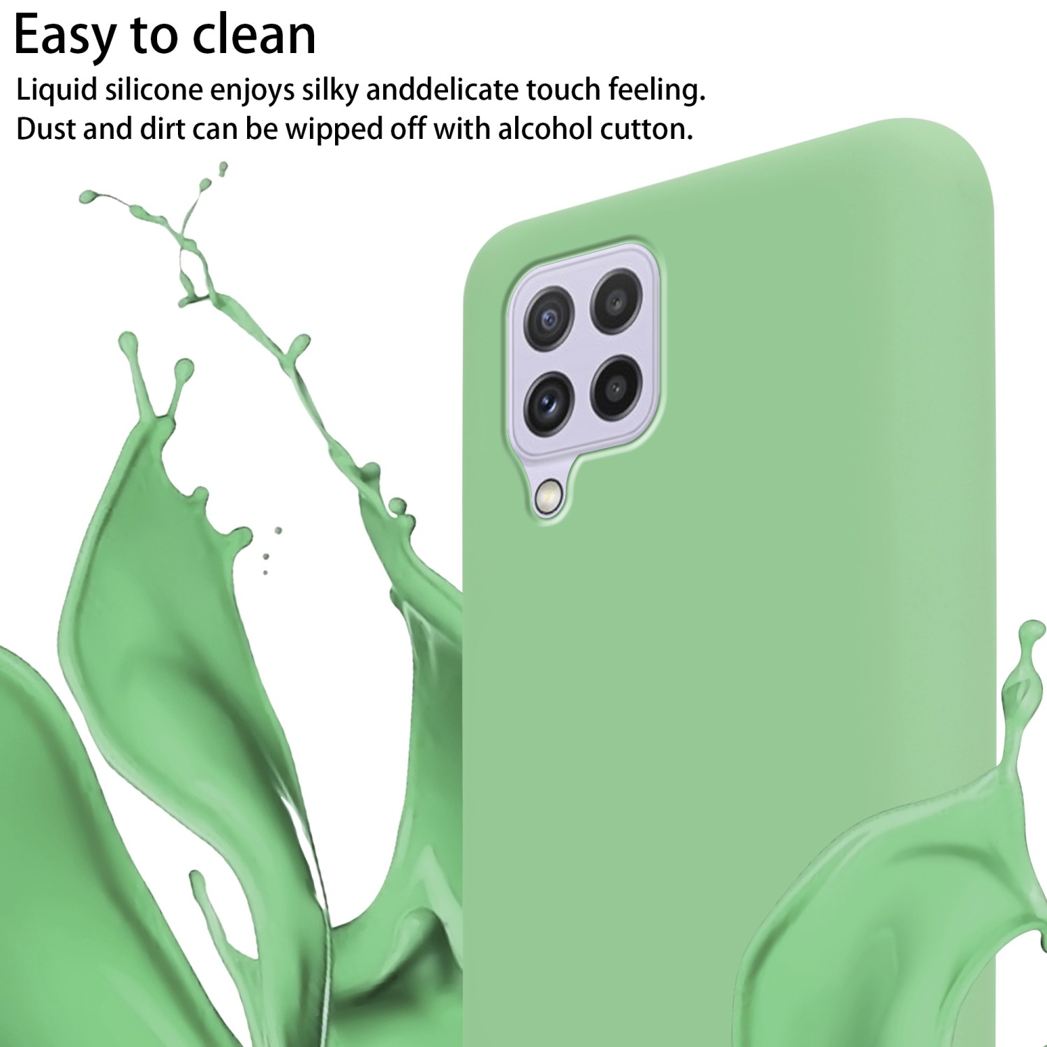 Una custodia verde con spruzzi d'acqua e fotocamera del telefono visibile.