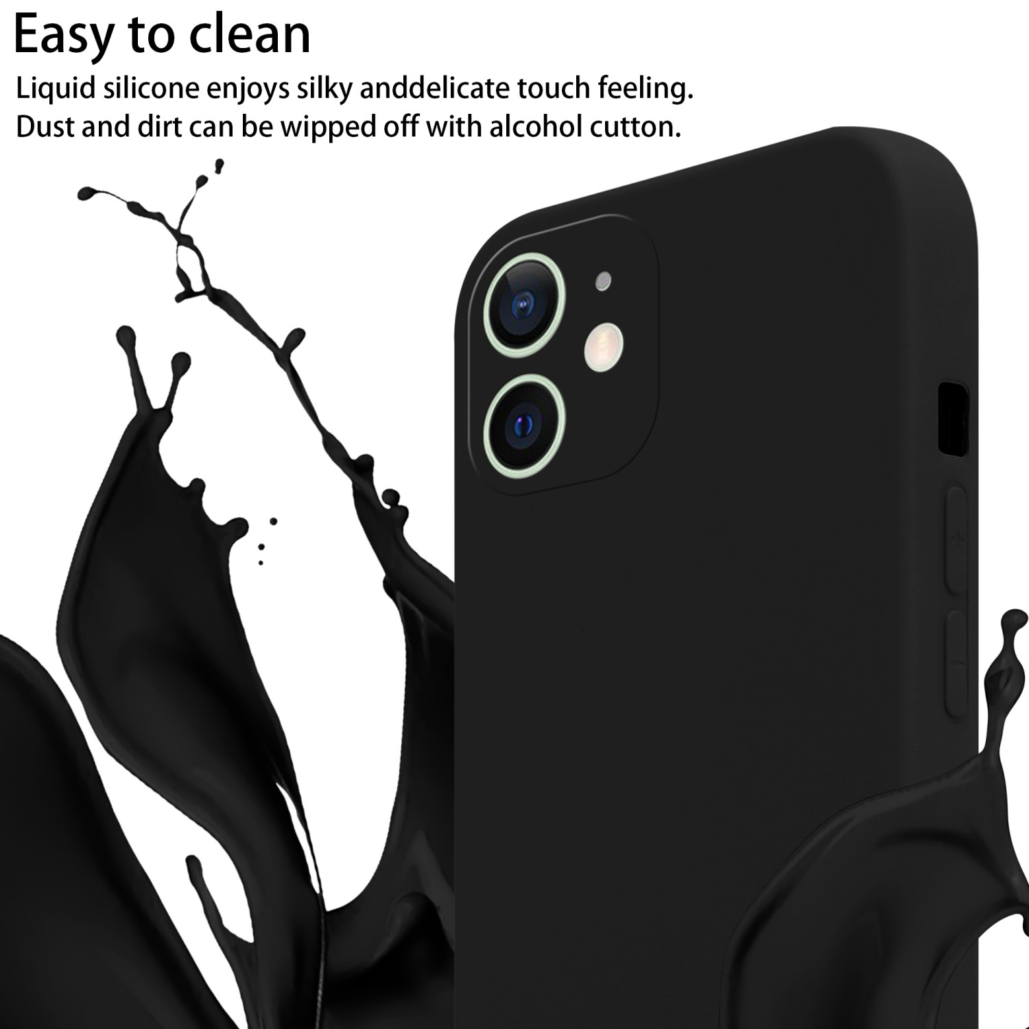Custodia per telefono nera con schizzo di liquido nero. Il telefono ha tre fotocamere. Custodia su sfondo bianco.