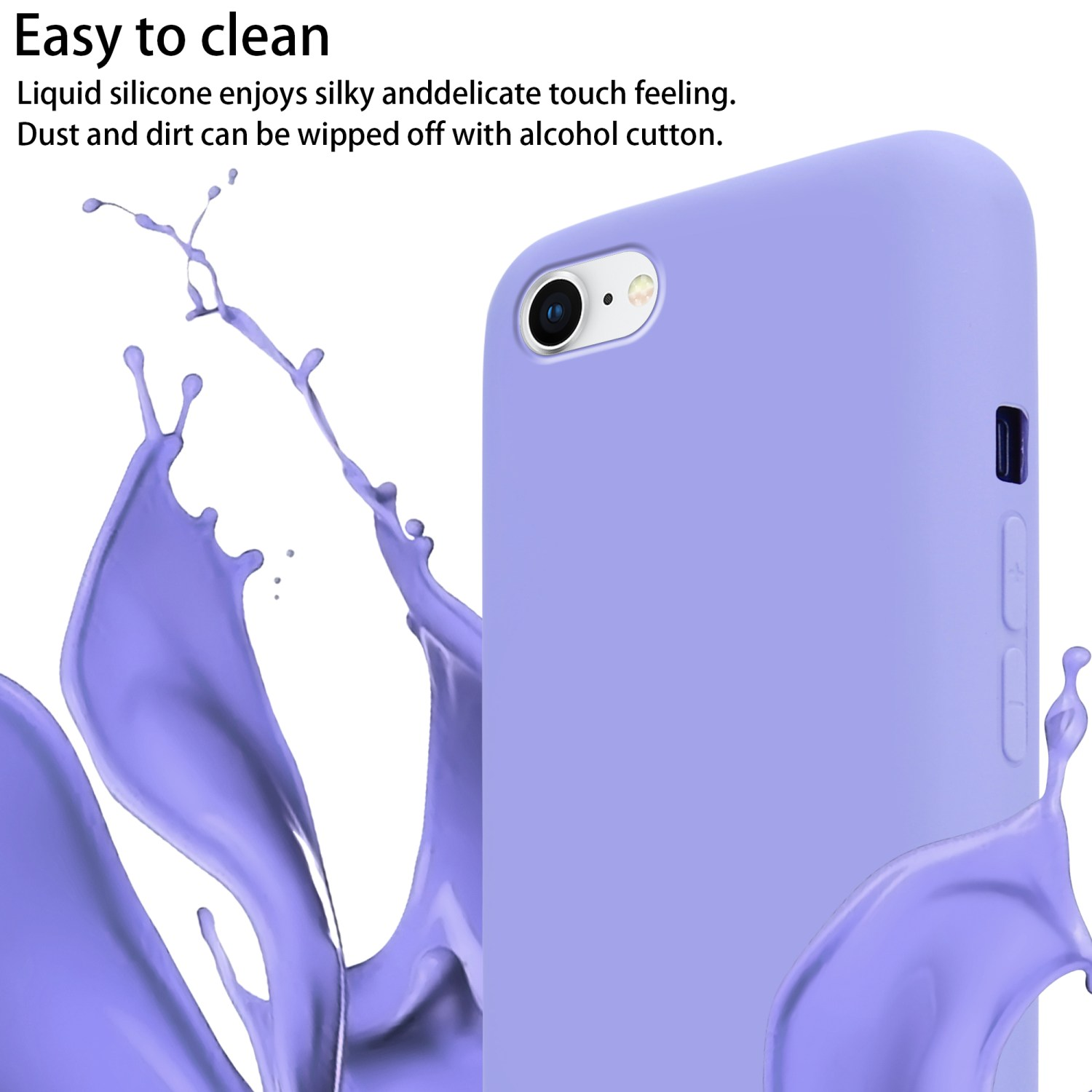 Una custodia per telefono viola con schizzi di liquido viola. Il telefono è parzialmente mostrato.