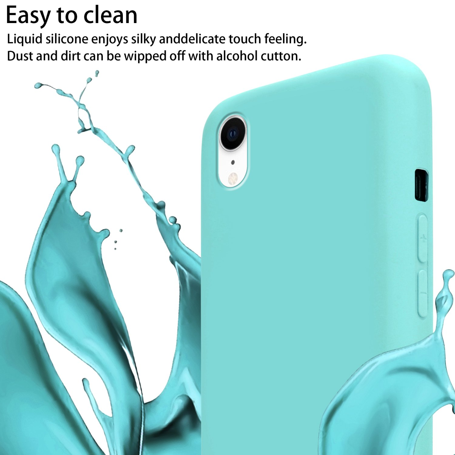 Una custodia per telefono verde acqua con spruzzi d'acqua. Testo: 'Facile da pulire' e descrive il tocco di silicone e la pulizia.