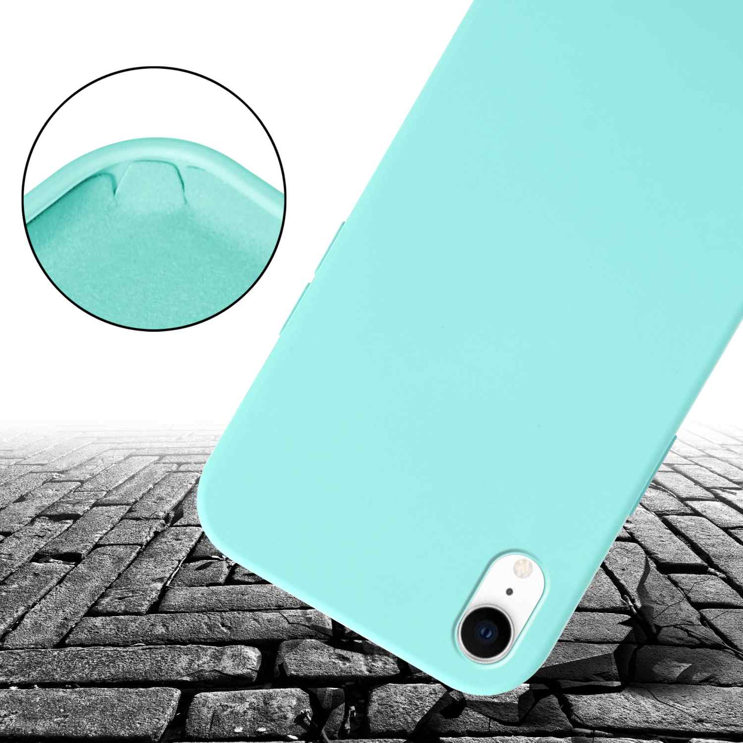 Custodia teal che cade su mattoni. Testo: Custodia.