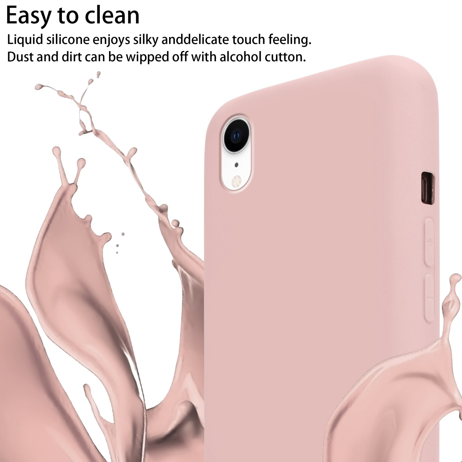 Una custodia rosa con uno schizzo di liquido rosa. Testo: Facile da pulire. Silicone liquido. Polvere e sporco possono essere rimossi.