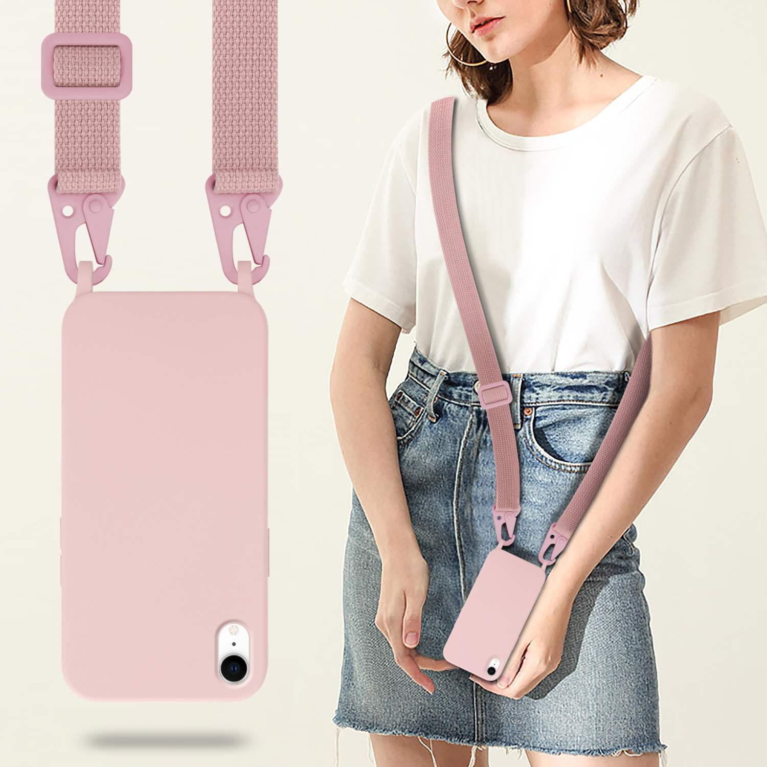 Donna che indossa una custodia rosa per telefono con cinturino. La custodia è rosa chiaro.
