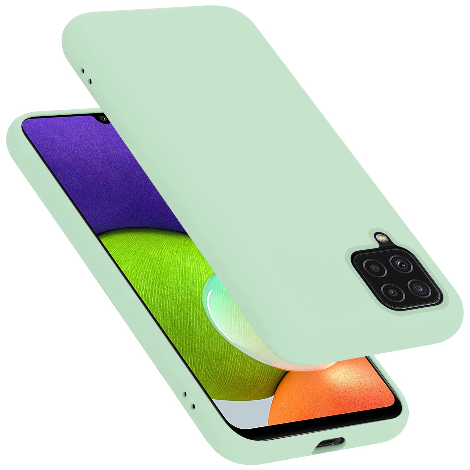 Minzgrüne Handyhülle mit Telefon. Hülle und Telefon sind schräg gestellt.