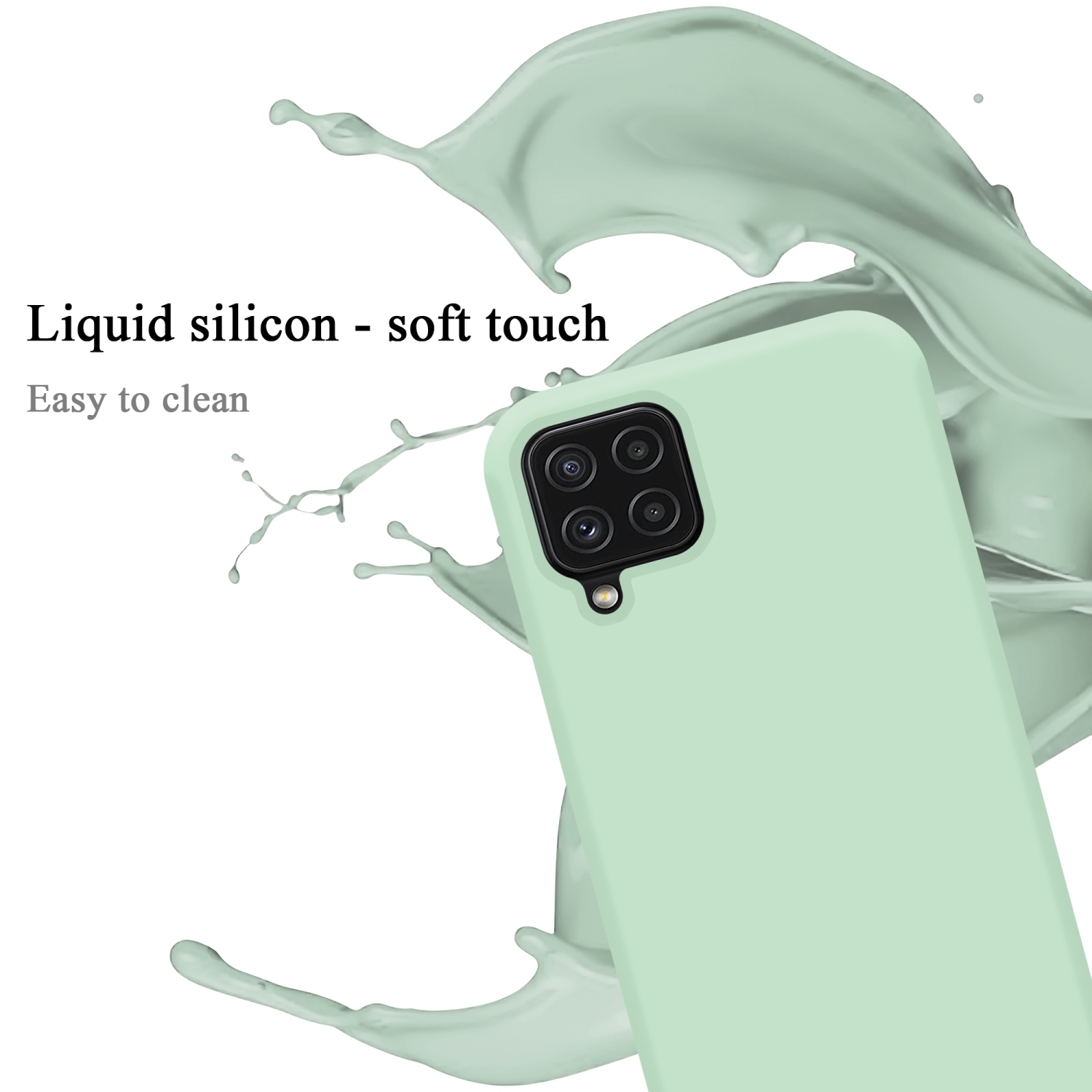 Minzgrüne Handyhülle, mit Flüssigkeitsspritzereffekt. Ein Telefon ist sichtbar, auf weißer Oberfläche.